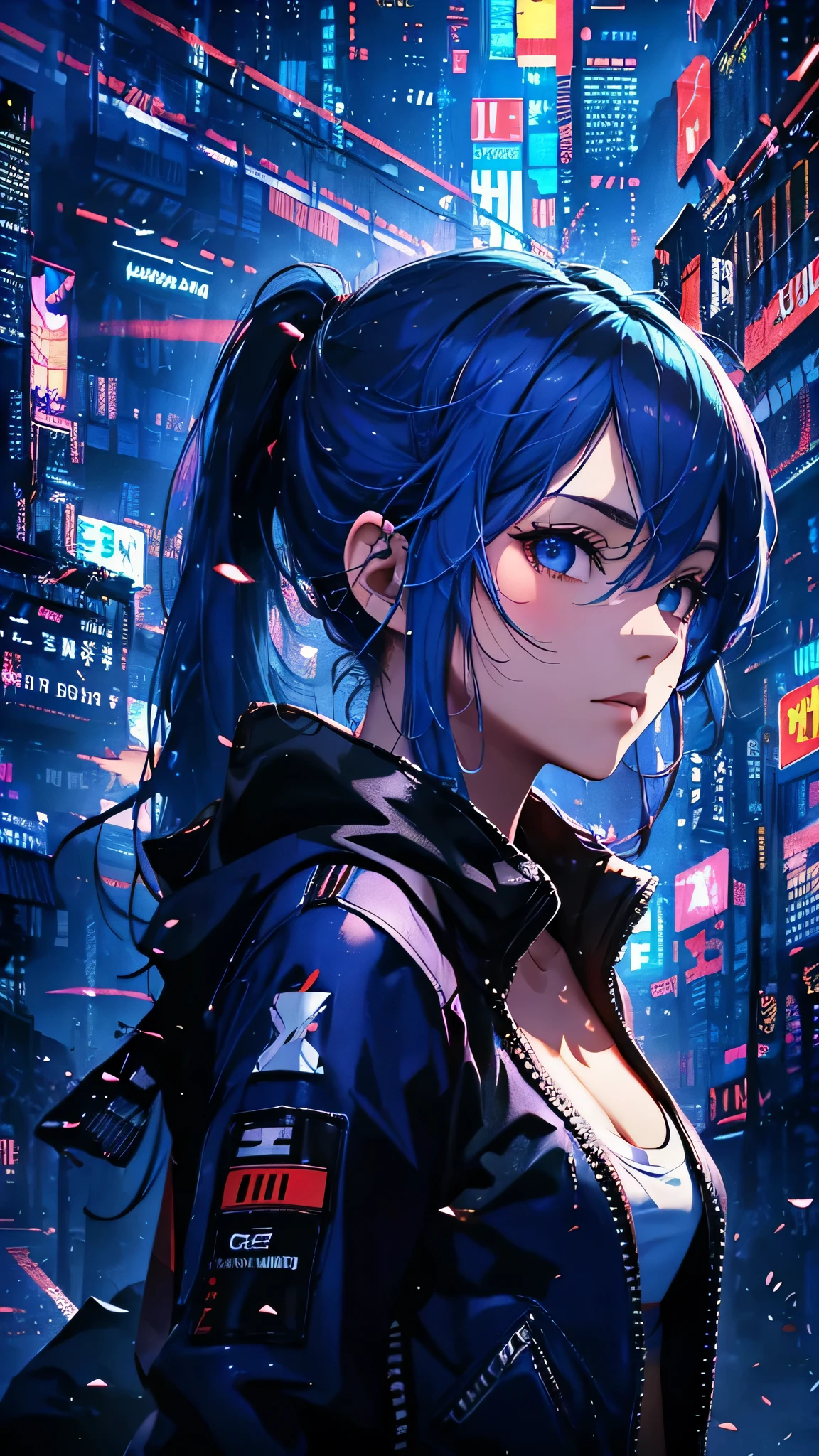 最high quality、best image quality、masterpiece、girl((20-year-old、 By becoming、vest bust、medium bust,wide open breast tea、shining eyes, light blue hair、long hair、thin,highest valley、ponytail、action of looking up、right arm bandage、purple and black hoodie、berry shorts、cool pose)),high quality、beautiful art、background((cyberpunk city))、Flight、debris flies、Depth of written boundary、movie、visual art、perfect art、8k,genuine、