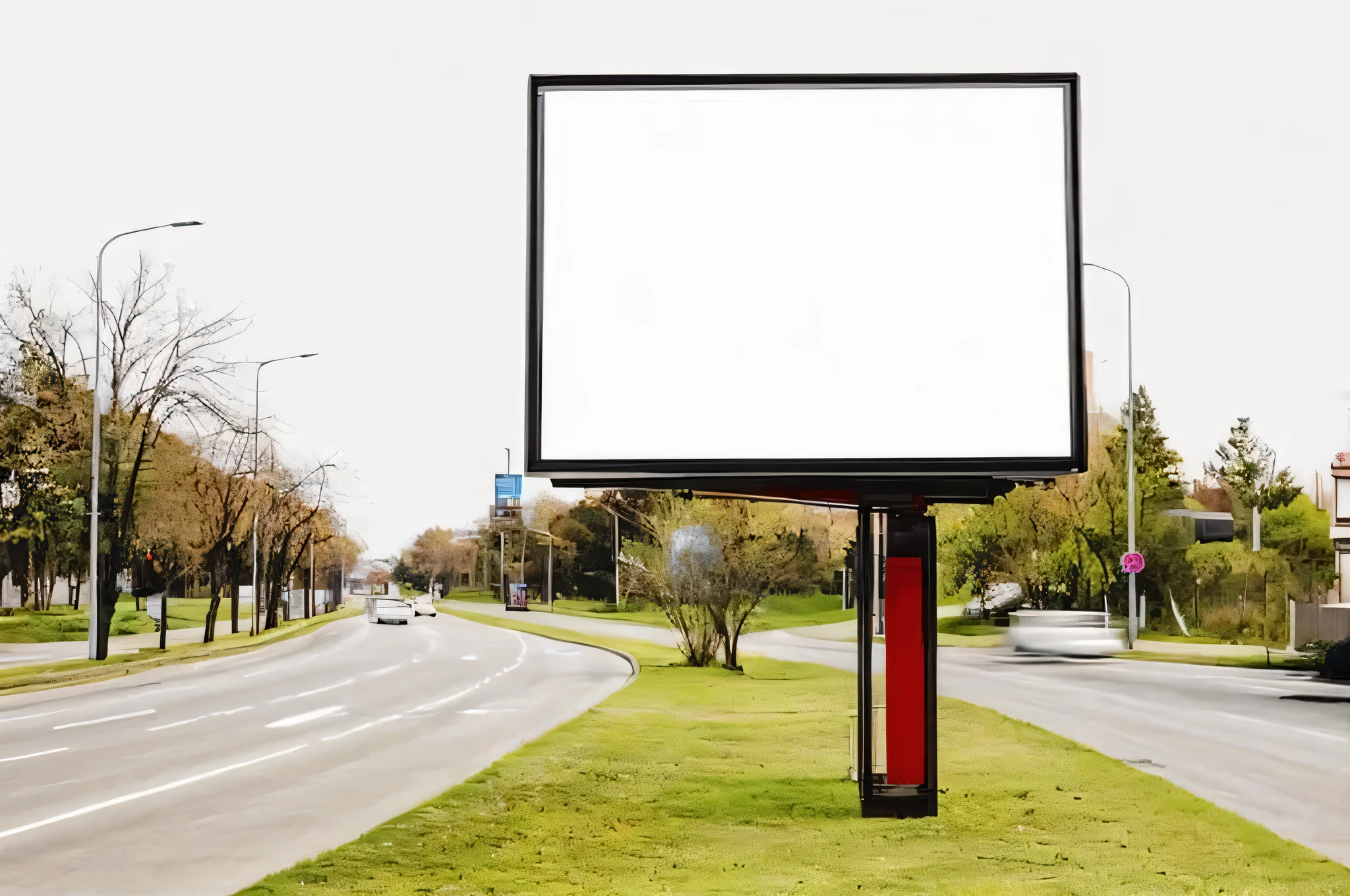 arafed billboard on a roadside with a car passing by, advertising billboard, commercial billboard, digital billboard in the middle, digital billboards, billboards, billboard image, electronic billboards, large format picture, billboard, digital advertisements, advertising, advertising photo, large format, wide screen format, some floating billboards, large screen, professional advertising, signboards