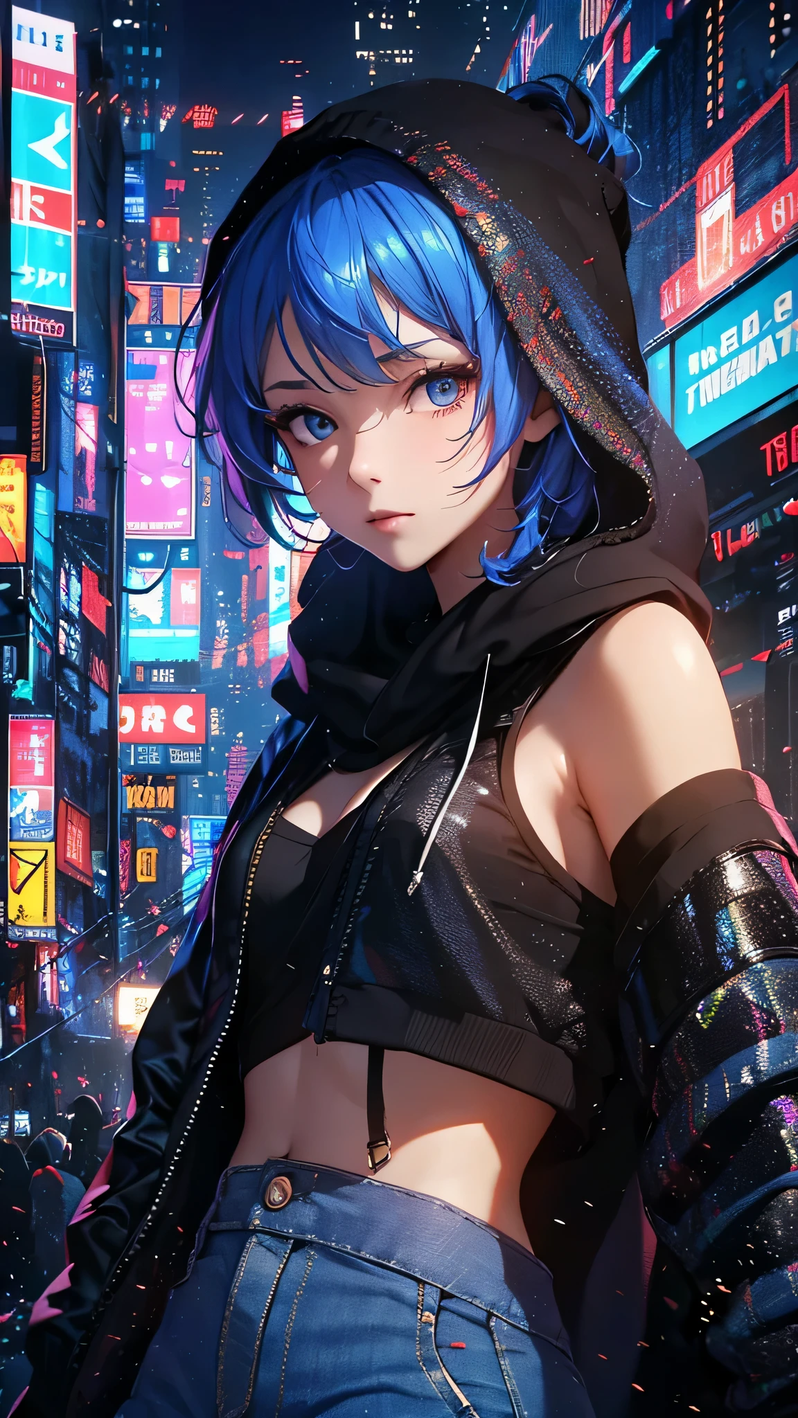 最high quality、best image quality、masterpiece、girl((20-year-old、 By becoming、vest bust、medium bust,wide open breast tea、shining eyes, light blue hair、long hair、thin,highest valley、ponytail、action of looking up、right arm bandage、purple and black hoodie、berry shorts、cool pose、Have a black smartphone)),high quality、beautiful art、background((cyberpunk city))、Flight、debris flies、Depth of written boundary、movie、visual art、perfect art、8k,genuine、