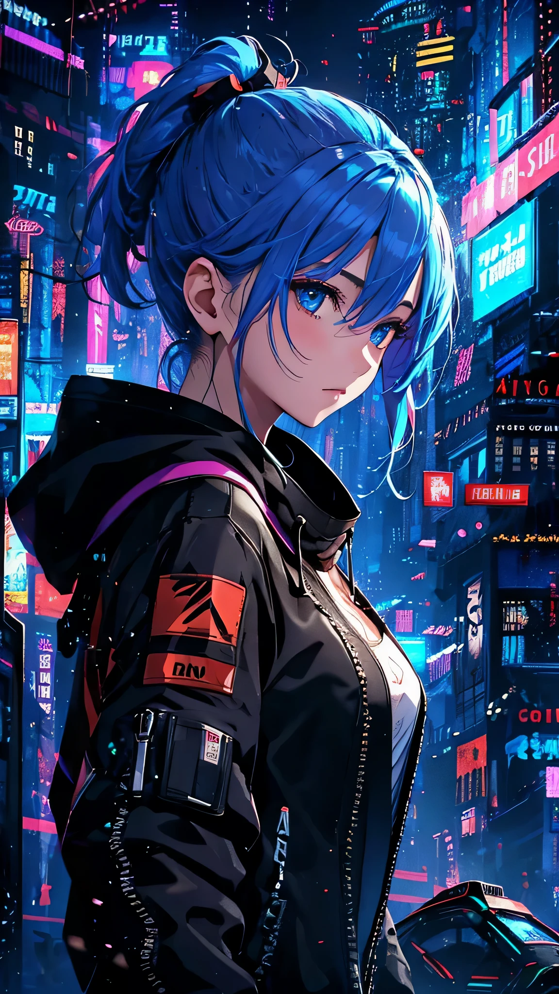 最high quality、best image quality、masterpiece、girl((20-year-old、 By becoming、vest bust、medium bust,wide open breast tea、shining eyes, light blue hair、long hair、thin,highest valley、ponytail、action of looking up、right arm bandage、purple and black hoodie、berry shorts、cool pose、Have a black smartphone)),high quality、beautiful art、background((cyberpunk city))、Flight、debris flies、Depth of written boundary、movie、visual art、perfect art、8k,genuine、