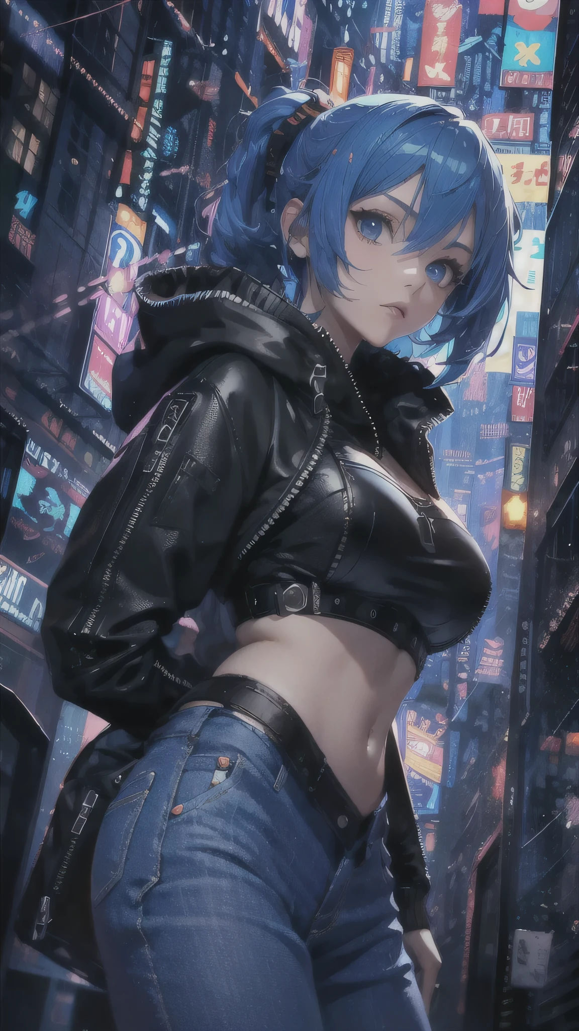 1girl, solo, long hair, breasts, looking at viewer, bangs, blue eyes, skirt, large breasts, thighhighs, long sleeves, navel, cleavage, hair between eyes, closed mouth, underwear, blue hair, standing, collarbone, panties, full body, ponytail, red hair, multicolored hair, boots, open clothes, shoes, choker, midriff, belt, black thighhighs, indoors, miniskirt, black skirt, stomach, black footwear, two-tone hair, streaked hair, coat, crop top, v-shaped eyebrows, thigh strap, ass visible through thighs, black choker, pantyshot, pencil skirt, black belt, open coat, black coat, taut clothes, tube top, with the word "Kali Linux" written on her outfit, servers and computers are visible in the background in a cyberpunk-style environment, featuring neon lights, futuristic buildings, and a high-tech urban atmosphere.
