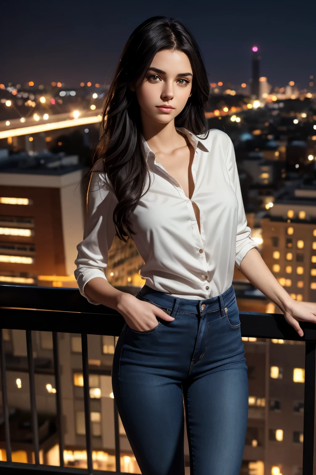 Beautiful young adult caucasian female; black hair; amber eyes; Toned, slender physique; realistic proportions; anatomically accurate; college student; wearing a well fitted blouse and jeans; stoic expression; leaning on the railing of a balcony; night time background; city skyline