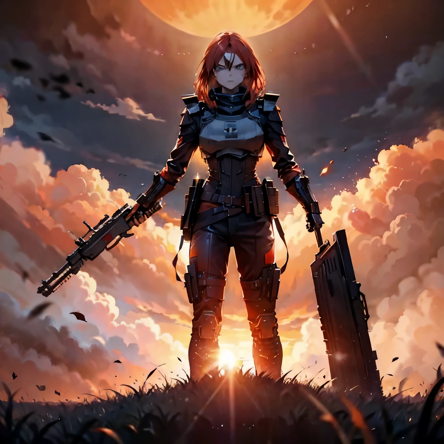 Immense red sun, battlefield, corpses