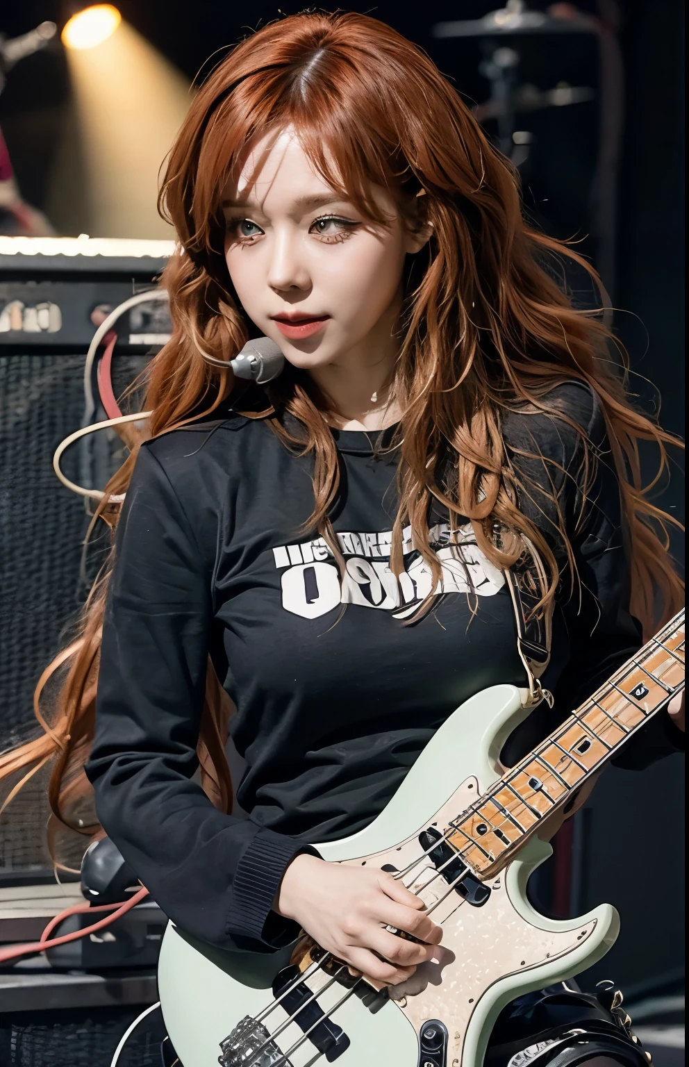 woman in black rockstar clothes, playing a bass, in the stage, rockstar bassist girl, orange hair with curly waves, very long orange hair, bass 