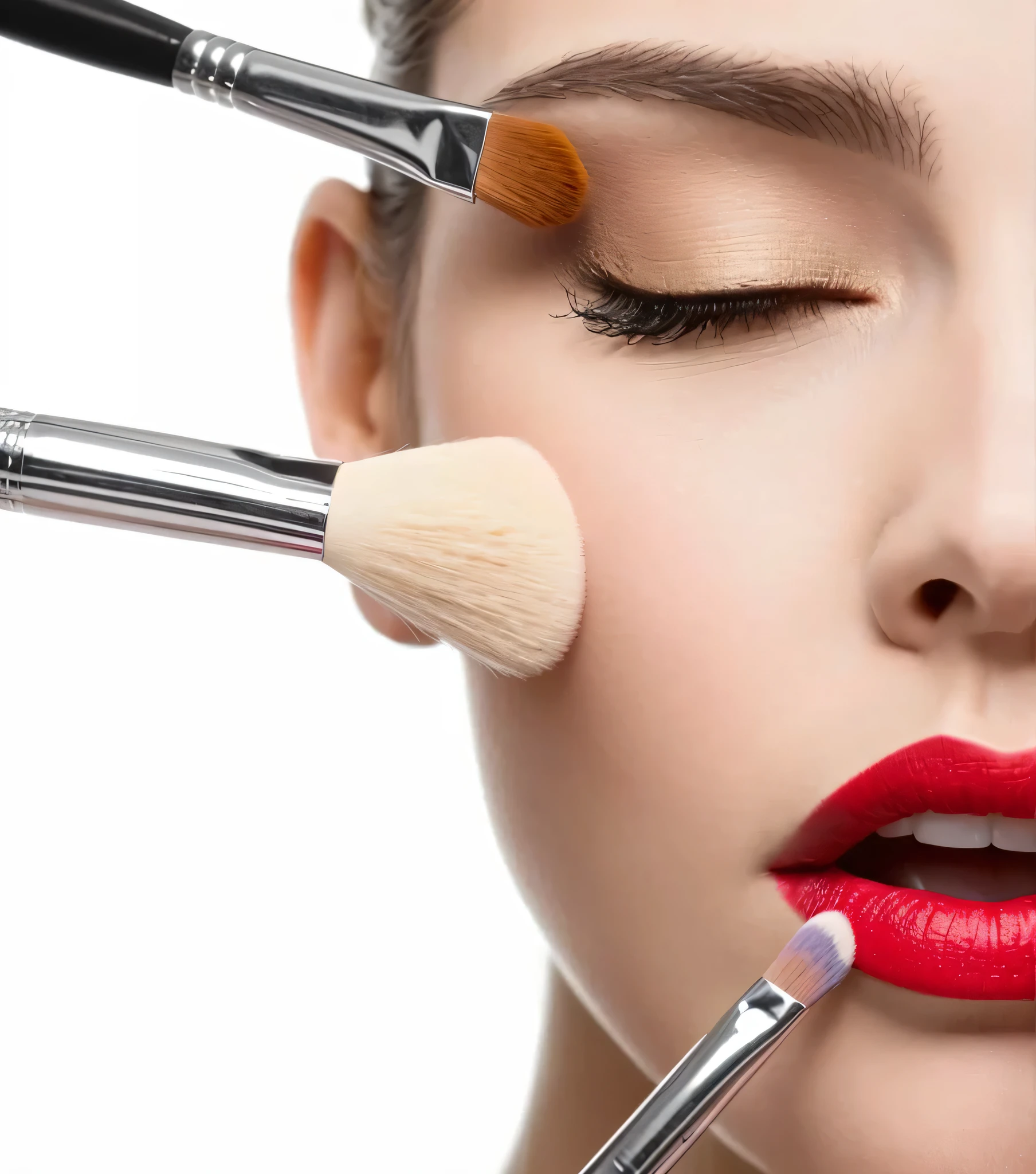 a close up of a woman with a red lipstick and makeup brushes, with professional makeup, professional makeup, in professional makeup, wearing professional makeup, putting makeup on, make-up, make - up, full makup, stylish make up, makeup, sexy face with full makeup, natural make-up, clear makeup, cosmetics, heavy makeup, make up