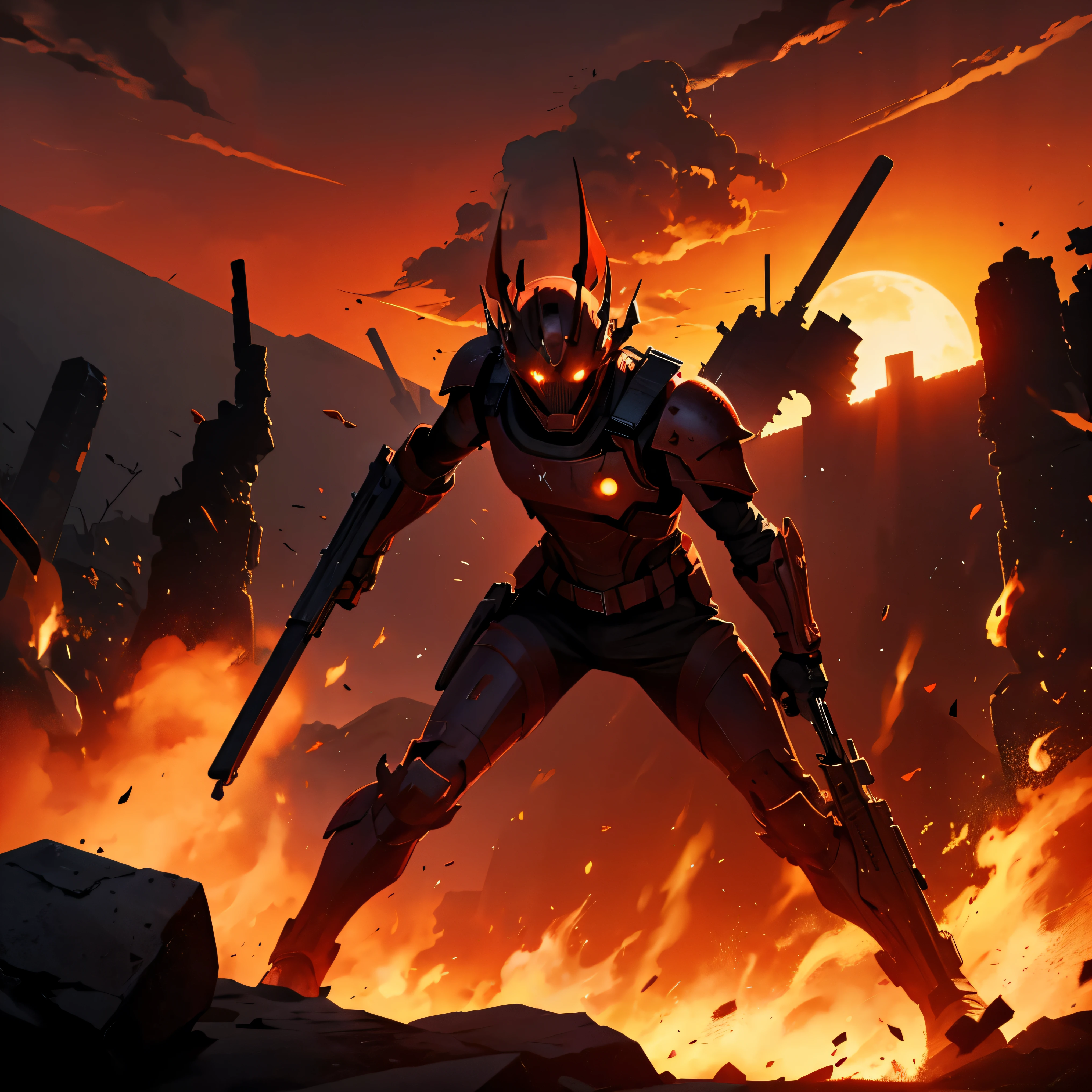 Immense red sun, battlefield, corpses, death