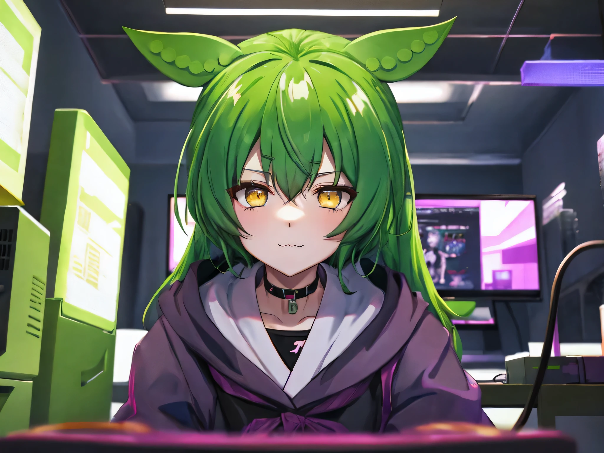 Has dark green hair and yellow eyes and sits in front of a computer, lofiboy, Lofiatostyle, portrait of lofi, anime atmosphere, anime style. 8k, Lofiato, 80年代のanime atmosphere, #Pixel art:3, lofi feeling, glitch punk boy, anime aesthetics