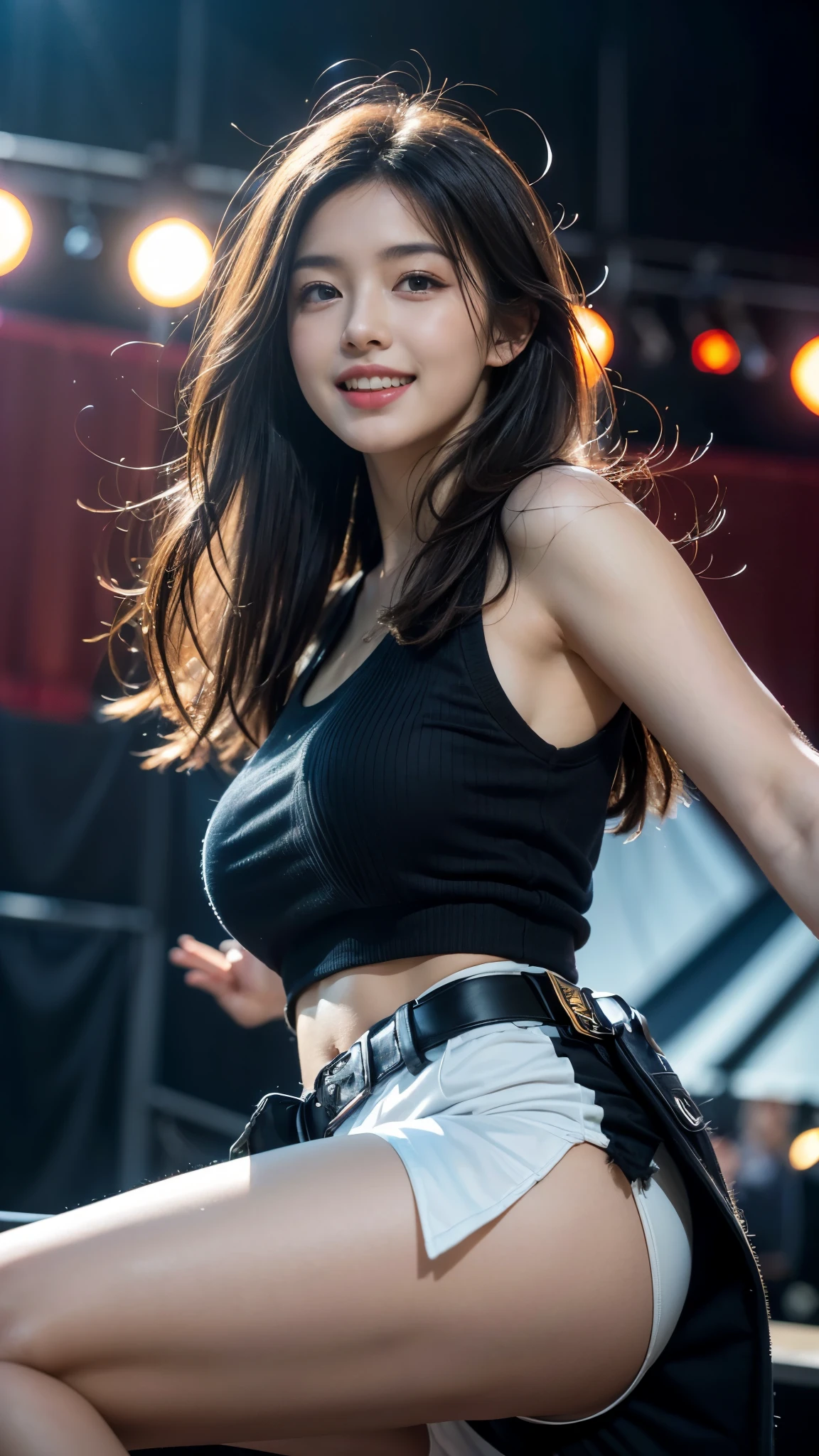(RAW photo、highest quality)、(realistic、Photoreal:1.3)、highest quality、masterpiece、very delicate and beautiful、A hvery detailed、nffsw、sense of oneness、2k wallpaper、growing up、Beautiful in every detail、masterpiece、light smile、highest quality、Hvery detailed ticker Unity 8K wallpapers、huge file size、Super detailed、High resolution、very detailed、(highway patrolman costume:1.5)、top idol、18-year-old、(Dancing and singing wildly on the stage of a gorgeous set at a concert.:1.55)、spread your legs wide、Spotlight、professional lighting、look at the camera、(close up of face:1.4)、