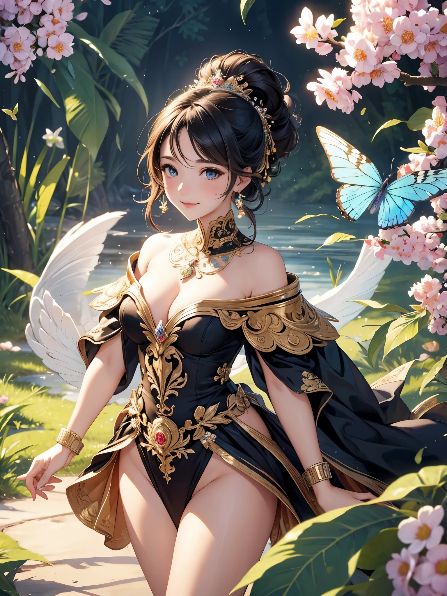 ((highest quality)),(ultra high resolution),(Super detailed),(detailed description),((best CG)),(best work of art),super precision art,amazing drawing art,(Art with precise details:1.5), (1 woman:1.8),smile, Spring brook,butterfly,birdie, Wakaba,Sparkling light