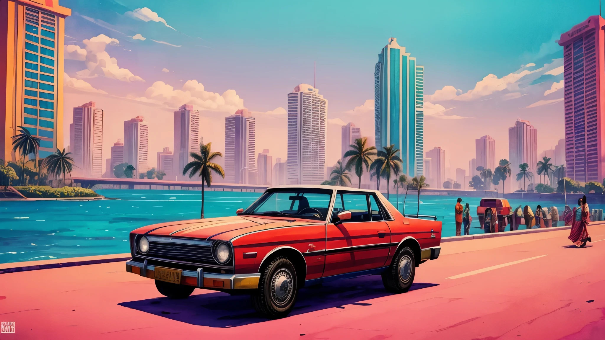 India Mumbai, illustration, game art , vibrant watercolor style, vice city style