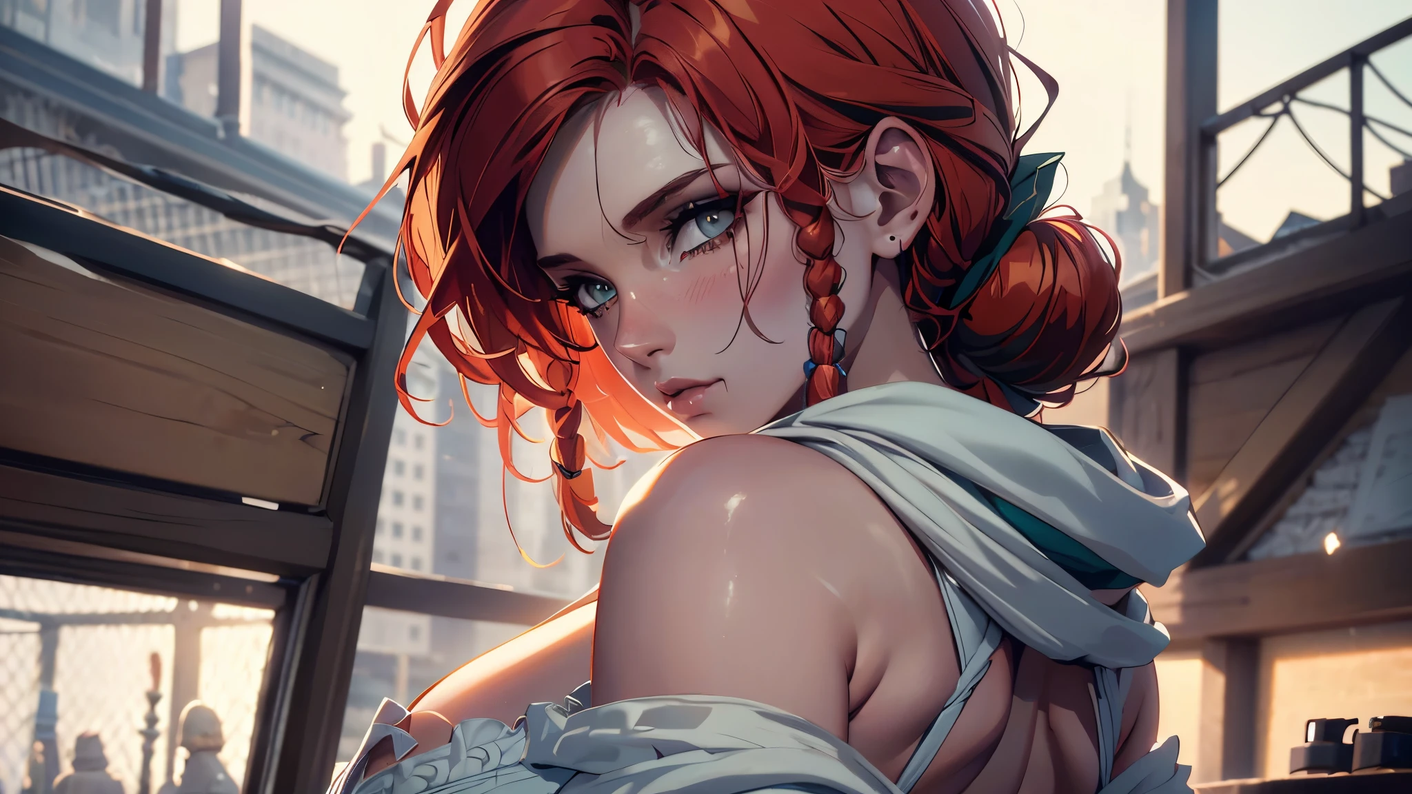 (beautiful 19-year-old girl(Sexy Triss from The wicher 3)),(model figure),(big breasts),(short haircut,long braid down the back),(red hair),(wearing white kimono, heavily torn in some places),(fighting stance),(a gang),(tattoos)。(best quality,4k,8k,highres,masterpiece:1.2),ultra-detailed,(realistic,photorealistic,photo-realistic:1.37),HDR,UHD,studio lighting,ultra-fine painting,sharp focus,physically-based rendering,extreme detail description,professional,vivid colors,bokeh,concept artists