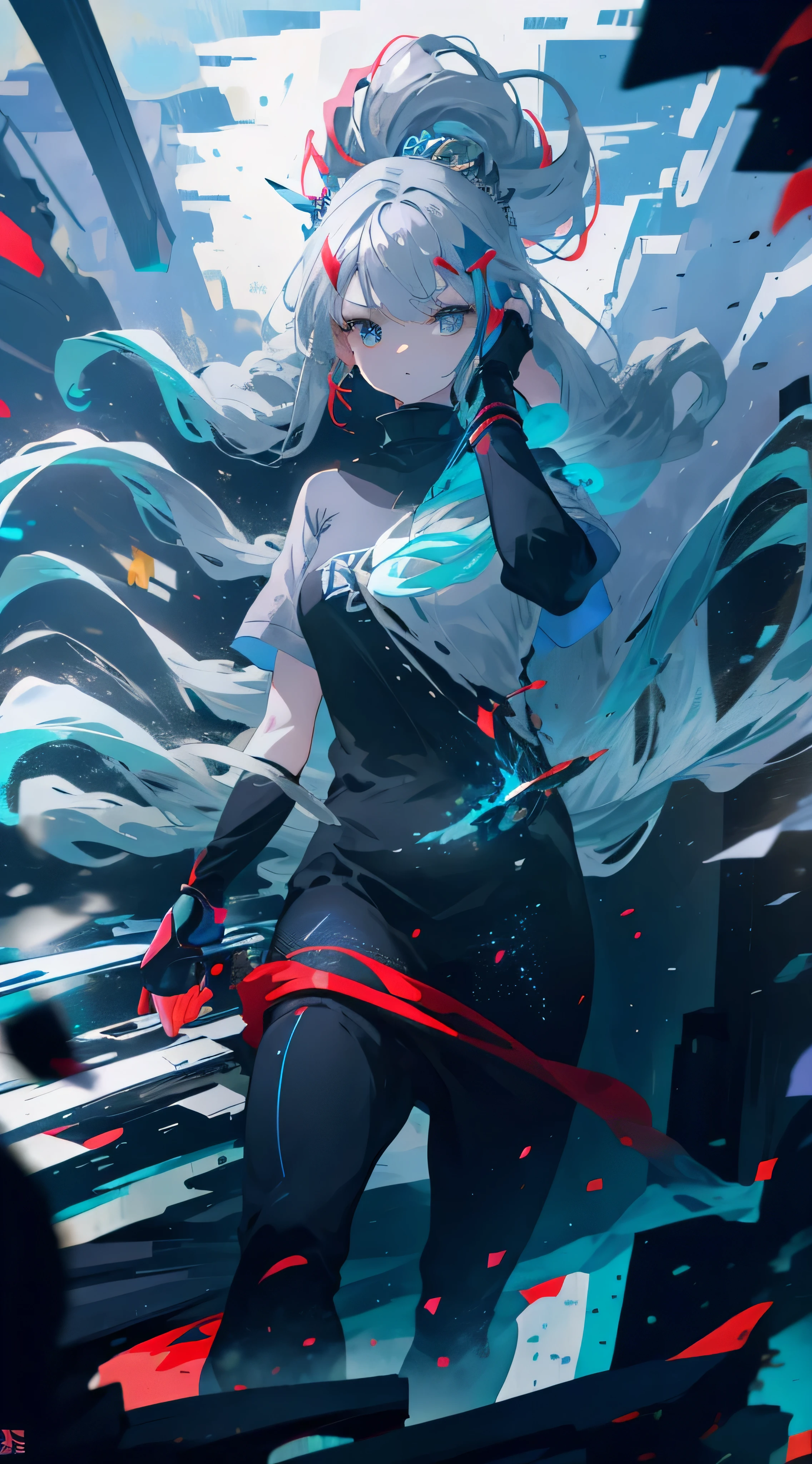 Colorful, Masterpiece, best quality, ultra sharpener, ultra detail, 8K, ultra resolution, depth of field, beautiful sky day, 1girl, young girl, shiroko model, long hair, grey hair, blue hair ornament, blue ocean eyes, t - shirt, glowing hands, flame surrounding girl, hand prayed, full body