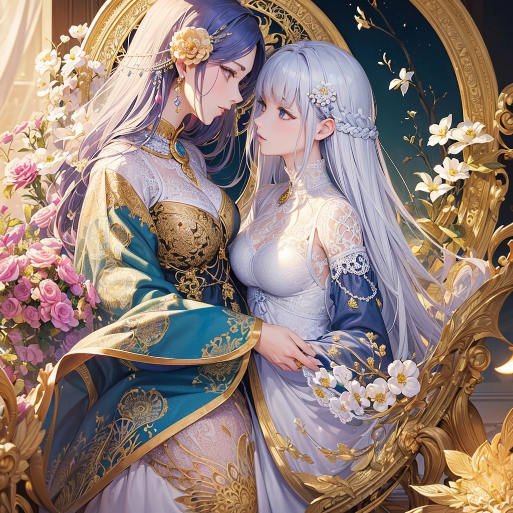 (​masterpiece、top-quality、top-quality、Beautifully Aesthetic:1.2)、(1female:1.3)、(Fractal Art:1.3)、Delicate lace clothing、Round picture frame、Flowers and Gemstones、Platinum Hair Ornament、Geometric pattern、colourful hair、profile、Faces close