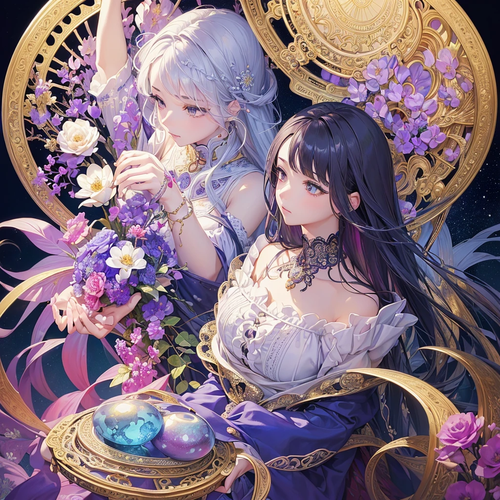(​masterpiece、top-quality、top-quality、Beautifully Aesthetic:1.2)、(1female:1.3)、(Fractal Art:1.3)、Delicate lace clothing、Round picture frame、Flowers and Gemstones、Platinum Hair Ornament、Geometric pattern、colourful hair、profile、Faces close