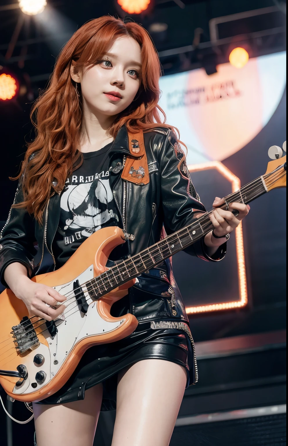 woman in black pink rockstar clothes, playing a bass, in the stage, rockstar bassist girl, orange hair with curly waves, very long orange hair, bass 