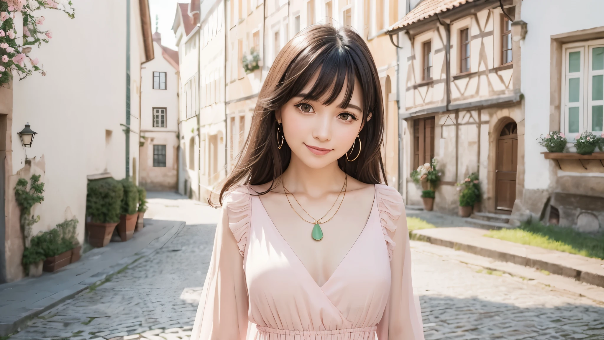 girl, solo, smile, standing, black hair, bangs, elegant dress, elegant clothes, spring clothes, modern fashion, (theme color is pale pink and peppermint green), complemented with a necklace, (close up), (portrait style), in an old European town, classic European architecture, in early spring, natural daylight, direct sunlight, harmonious color palette and composition