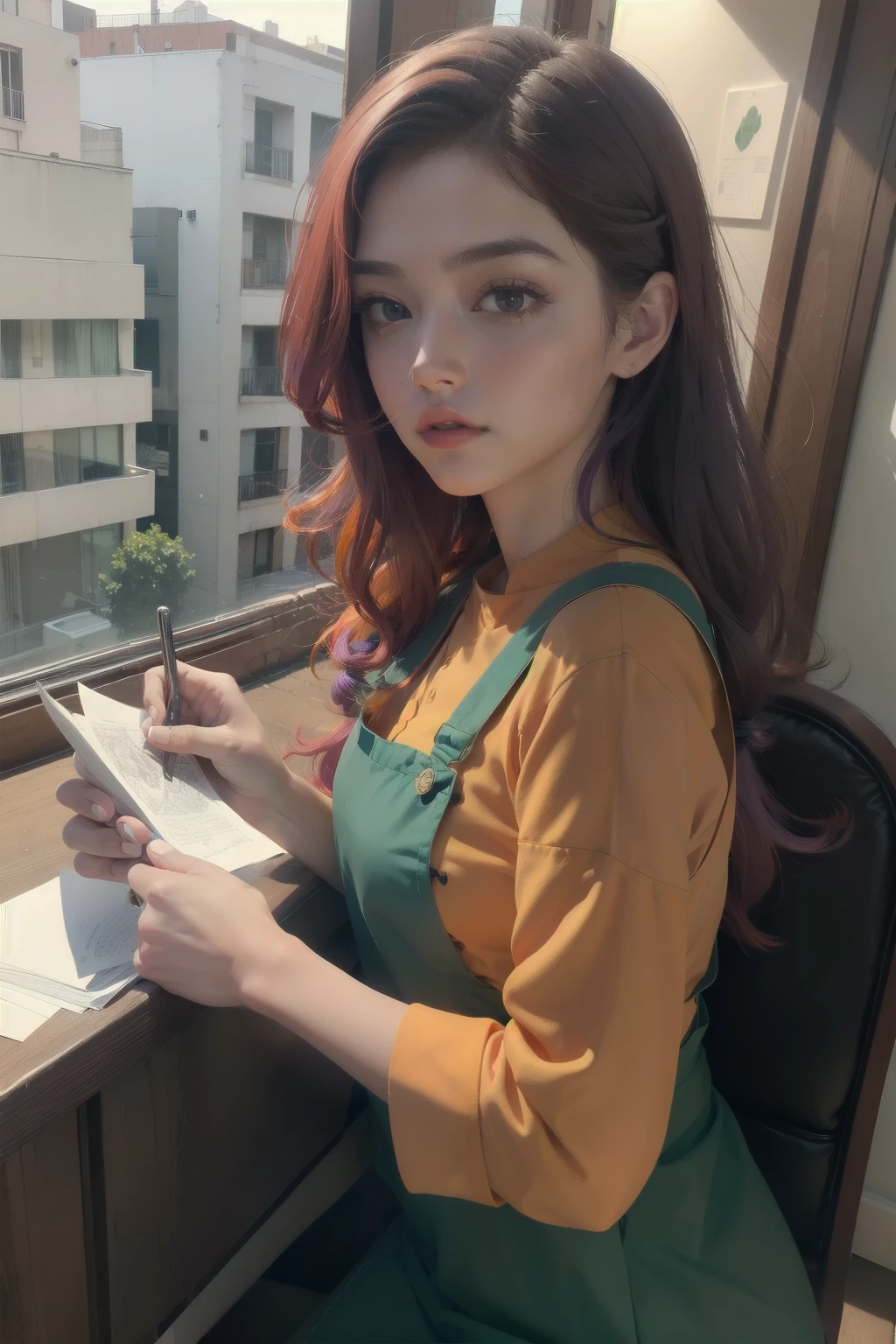 arte conceitual, aerial angle of a will-o&#39;-the-wisp, wearing deep orange emerald somali funny apron, Cabelo caramelo estilizado como cabelo curto, Fluorescent Purple Hair Tie, equirretangular 360, high resolution,  [(arte de Willi Baumeister:1.1), (arte de John T. Maiores:1.2)::17], arte oficial, papel de parede da unidade 8k, ultra detalhado, aesthetics, obra de arte, melhor qualidade, fotorrealista