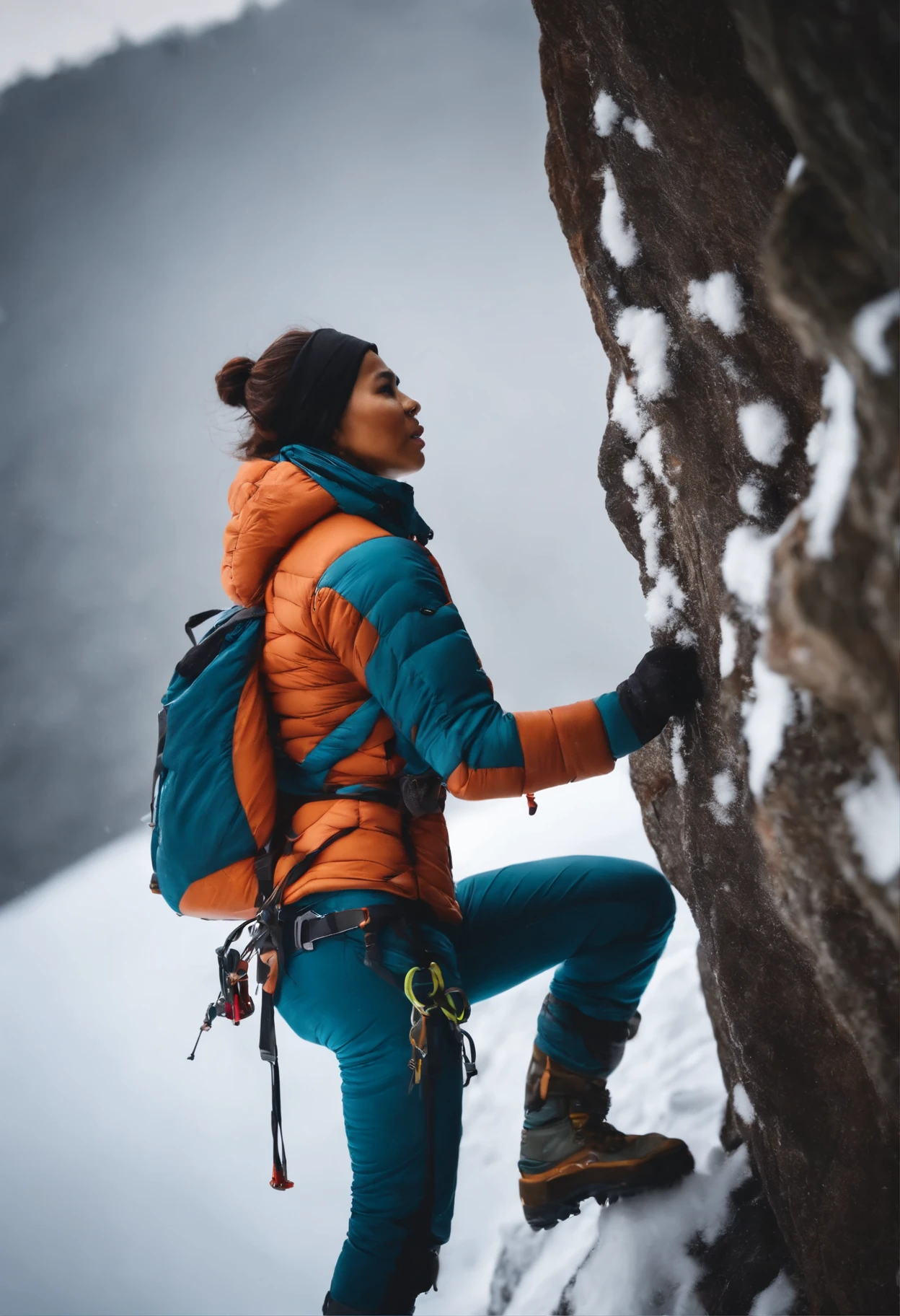 Indonesian woman, browny skin, doing rock climbing covered with snow with climbing tools. She is wearing a fur jacket and jeans.