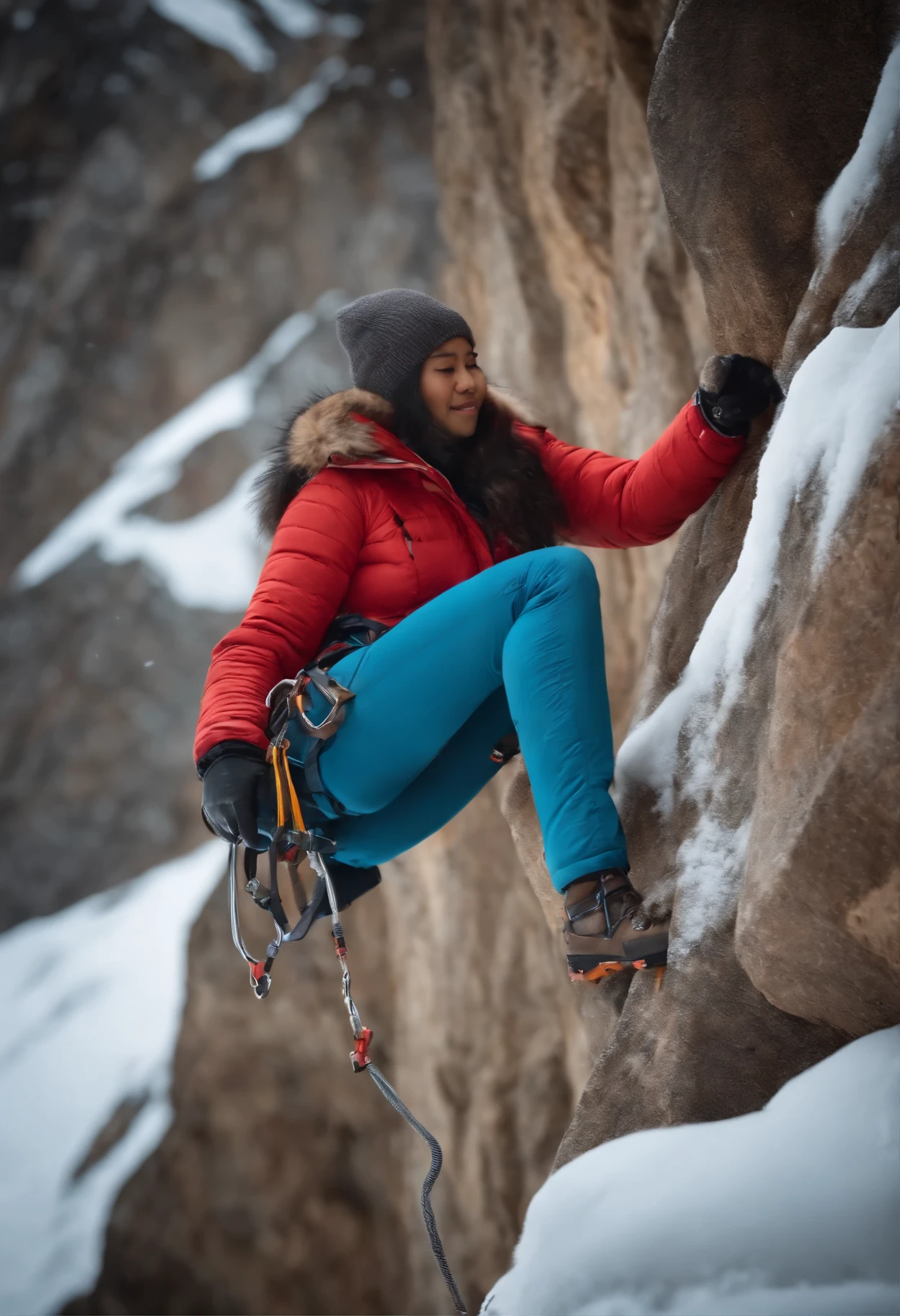 Indonesian woman, browny skin, doing rock climbing covered with snow with climbing tools. She is wearing a fur jacket and jeans.