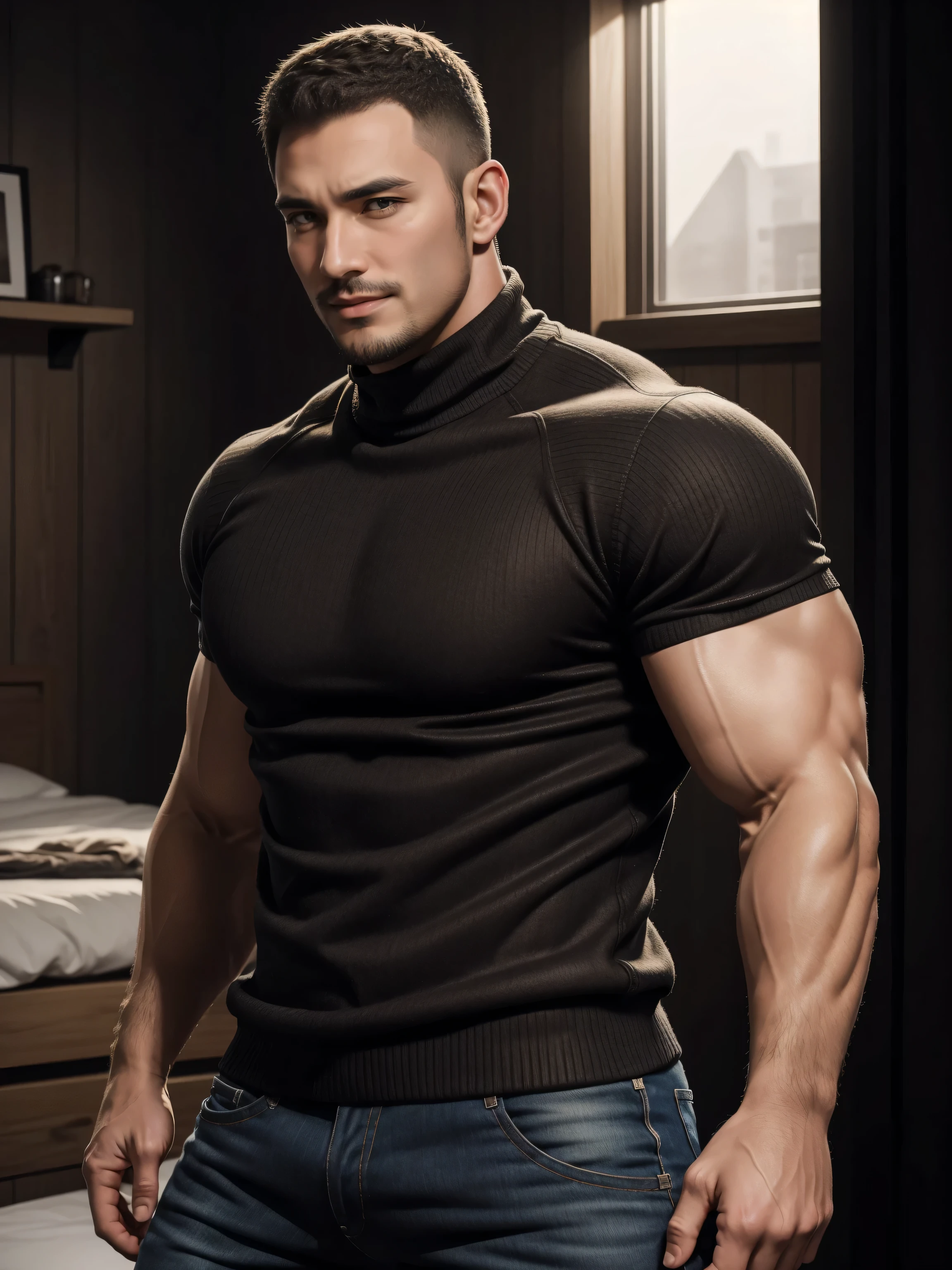 Tall giant muscular 肌肉男,baseball cap,Brown-gray turtleneck long-sleeved sweater,stretch sweater texture,jeans,character concept(Resident Evil - chris redfield,chris redfield)A bright and charming toothy smile,Deep and charming eyes,heroic male pose,高大burly,muscular!muscular大腿,tough guy,perfect facial features,High, burly, Heqiang, Super gain and cool, high resolution committee,Charming strong man,The bright sunshine is shining on you