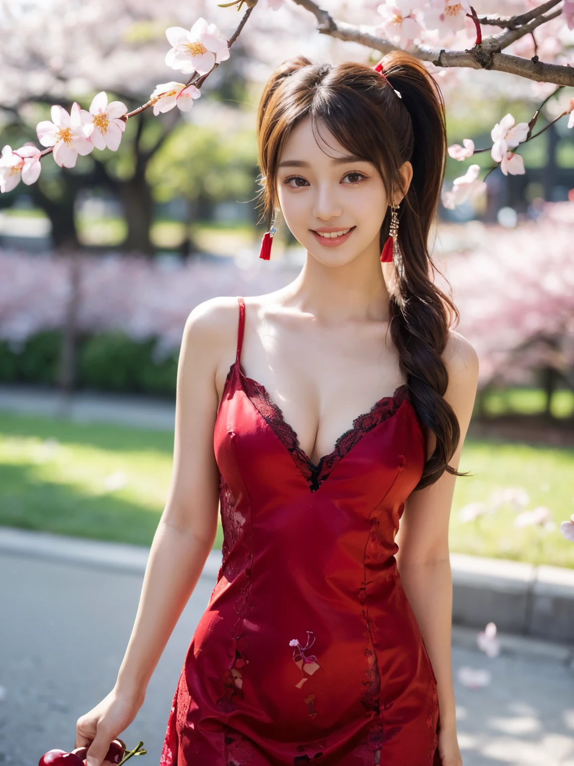 ((((highest quality))))、(((Ultra-precision CG16K wallpaper)))、(((masterpiece)))、(((Super detailed)))、(((super extreme details)))、1people's women、 female、18 year old female、((Japanese face))、((very beautiful face))、golden ratio face、((K-pop idol、HAERIN:1.5))、((twin tail hair:1.3))、(shiny hair)、bangs up to eyebrows、beautiful brown hair、beautiful delicate eyes、brown eyes、raised eyebrows、high nose、small nostrils、small mouth、seductive lipouth slightly open、beautiful breasts、C cup size breasts、cleavage、plump body、perfect proportions、perfect anatomy、perfect composition、beautiful detailed shading、beautiful natural lighting、beautiful detail glow、Depth of the bounds written、(((High chroma)))、(((real:1.9)))、((vivid:1.4))、((beautiful skin))、((skin texture))、((realな皮膚感))、(((cowboy shot:1.5)))、((Angle seen from the front:1.5))、((smile:1.4))、(Eyes looking at me:1.5)、bright sunshine、(((A woman surrounded by cherry blossoms:1.5)))、(model pose:1.5)、(((Wine red color lace mini dress clothing:1.5)))、