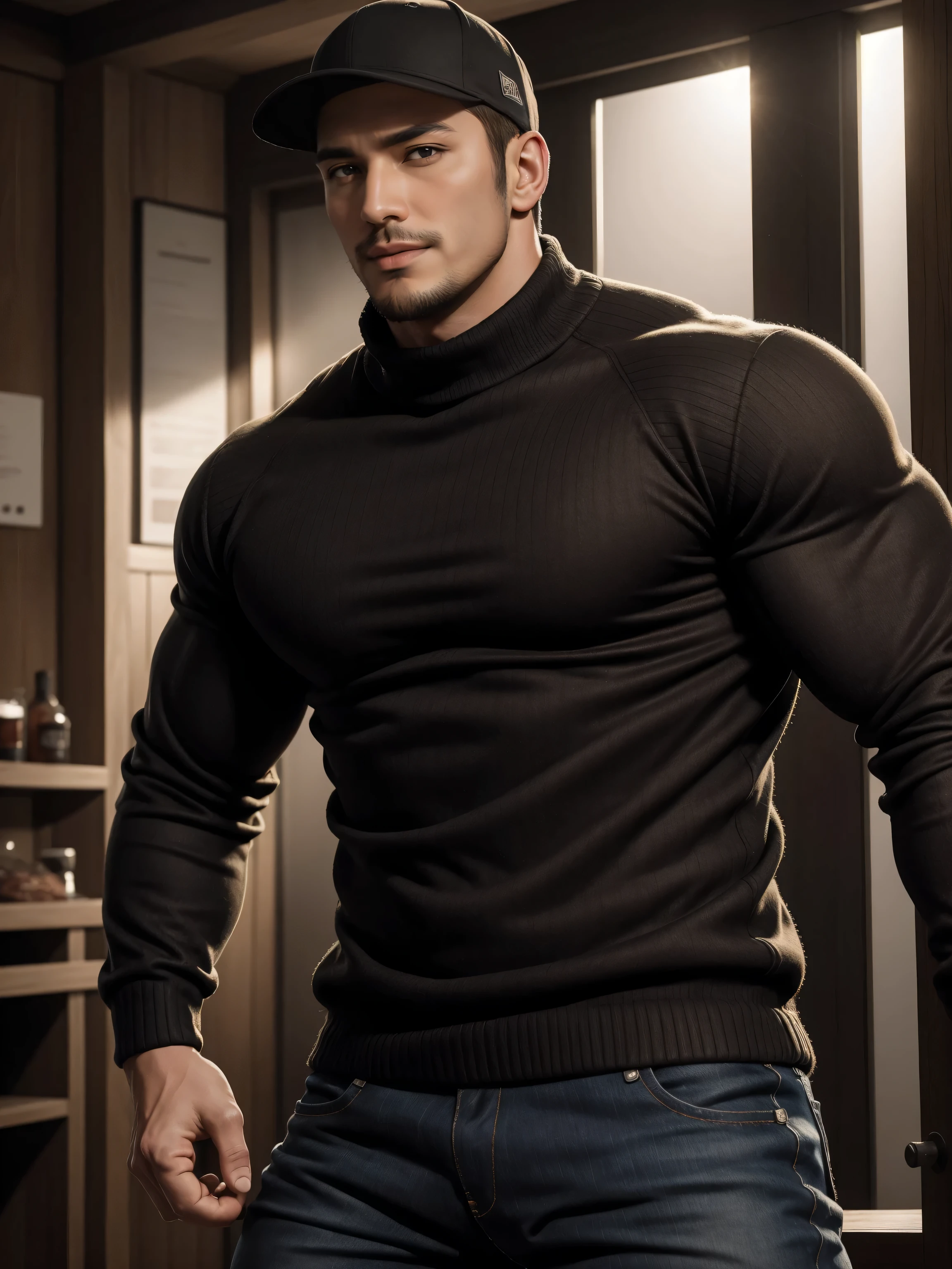 Tall giant muscular 肌肉男，baseball cap，Brown-gray turtleneck long-sleeved sweater，stretch sweater texture，jeans，character concept（Resident Evil - chris redfield，chris redfield）A bright and charming toothy smile，Deep and charming eyes，heroic male pose，高大burly，muscular！muscular大腿，tough guy，perfect facial features，High, burly, Heqiang，  Super gain and cool， high resolution committee，Charming strong man，The bright sunshine is shining on you