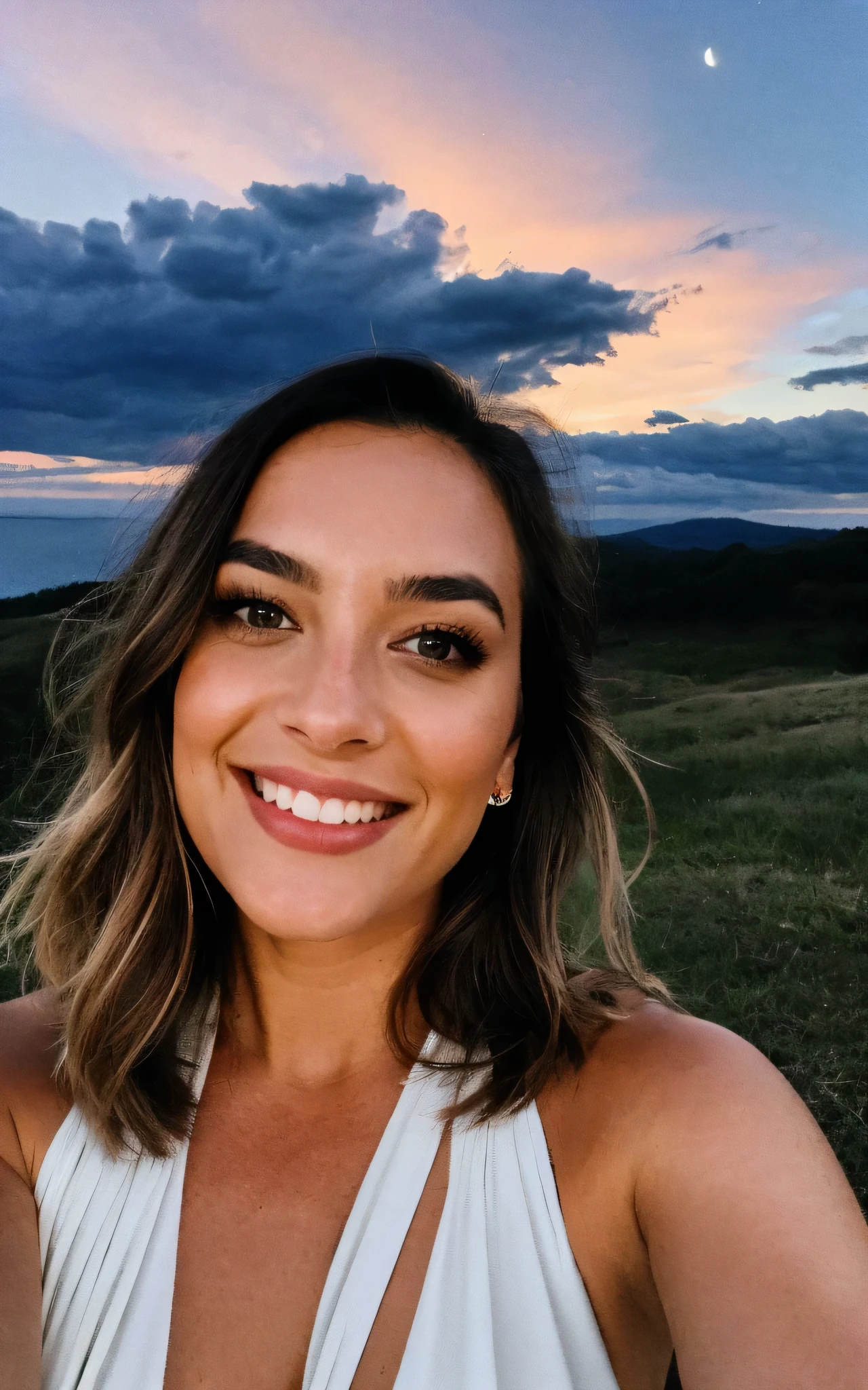 In the captivating photo, a beautiful woman takes a selfie outdoors at night, her upper body framed against a breathtaking panorama. The real-life nature scene features stars and the moon, creating a magical backdrop. The woman's cheerful and happy expression adds to the enchantment of the moment. She is wearing a stylish Unity Allover Print Batwing Sleeve Belted Jumpsuit, perfect for a summer evening. Her gaze is directed at the viewer, and the close-up shot highlights her skin texture and the photo grain, giving the image a raw, authentic feel.