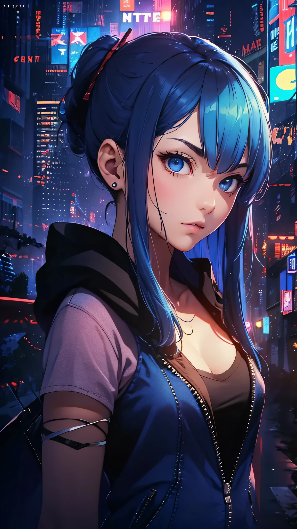 最high quality、best image quality、masterpiece、girl((20-year-old、 By becoming、vest bust、medium bust,wide open breast tea、shining eyes, light blue hair、long hair、thin,highest valley、ponytail、action of looking up、right arm bandage、purple and black hoodie、berry shorts、cool pose、holding a black smartphone)),high quality、beautiful art、background((cyberpunk city、punk house))、Flight、debris flies、Depth of written boundary、movie、visual art、perfect art、8k,genuine、