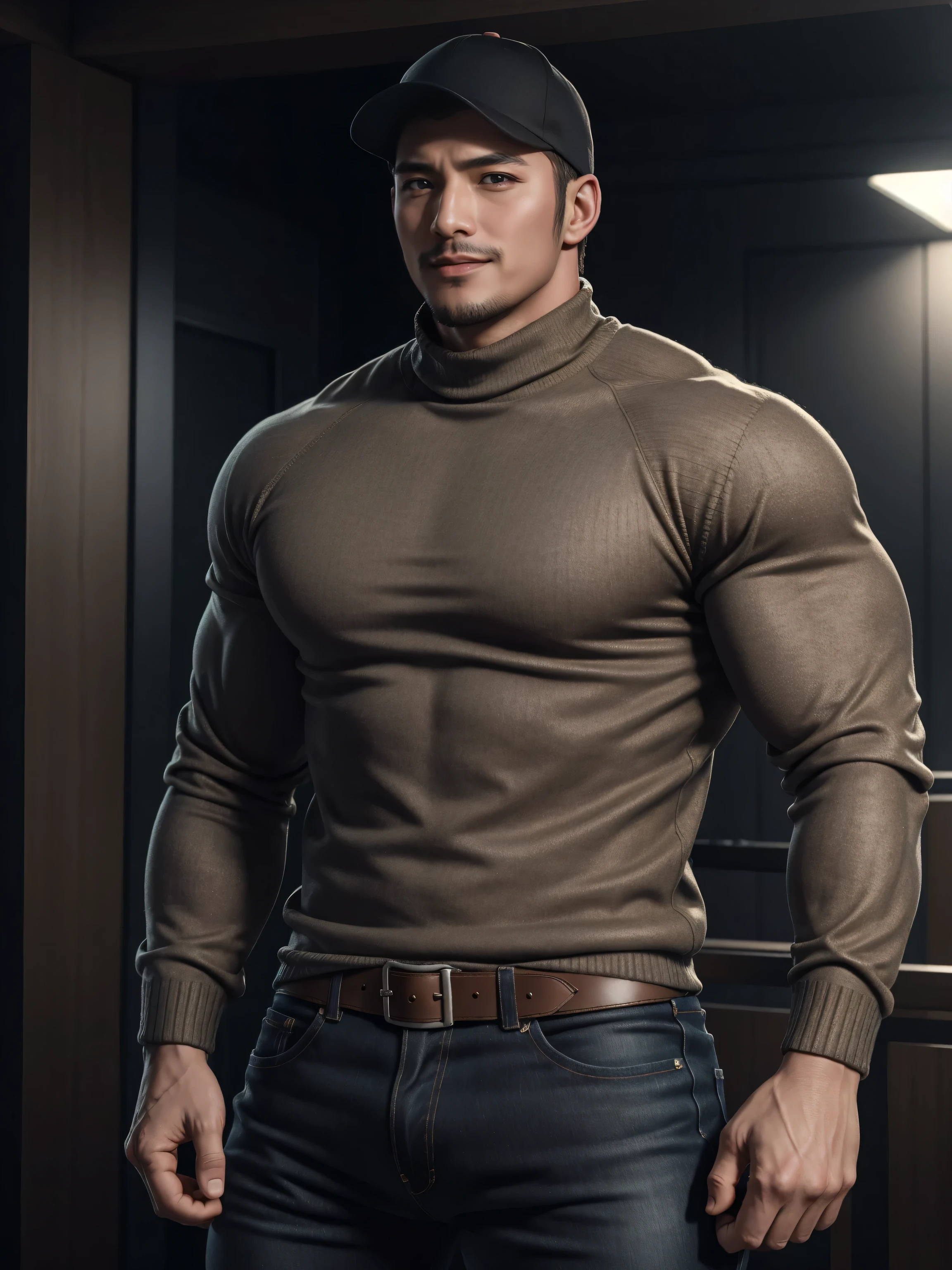 Tall giant muscular 肌肉男,baseball cap,Brown-gray turtleneck long-sleeved sweater,stretch sweater texture,jeans,character concept(Resident Evil - chris redfield,chris redfield)bright charming smile,Deep and charming eyes,heroic male pose,高大burly,muscular!muscular大腿,tough guy,perfect facial features,High, burly, Heqiang, Super gain and cool, high resolution committee,Charming strong man,The bright sunshine is shining on you