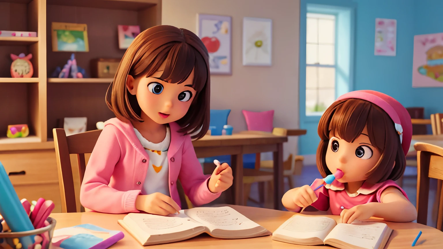 picture book, children playing , linking lolly pop, good face, super perfect, good hand, super high quality, highres, high detailed, masterpiece