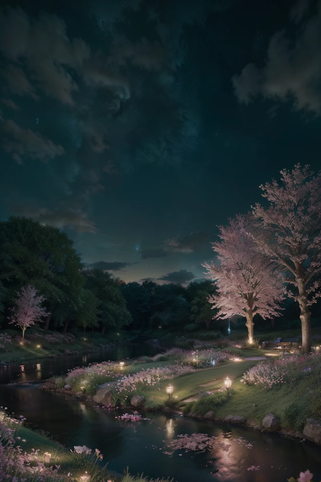 (magical pretty night sky green stream overlay scene), (sky), (clouds), soft lighting, clean background, beautiful scenery, masterpiece, high quality, beautiful graphics, high detail, epic scenery, garden, flowers, clouds, (night starry sky, river behind, huge old trees behind, falling glowing pink petals behind)