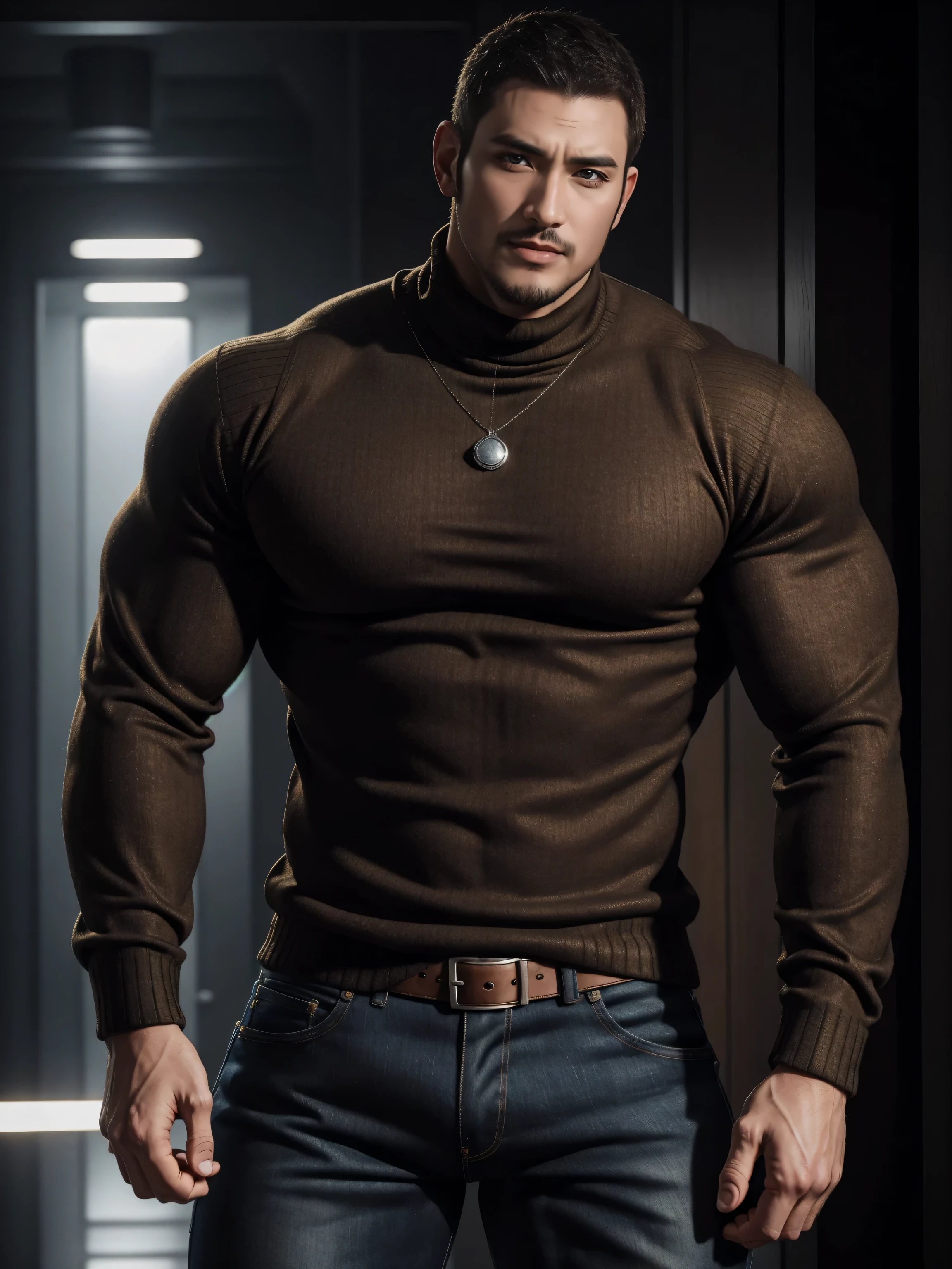 Tall giant muscular 肌肉男,Brown-gray turtleneck long-sleeved sweater,stretch sweater texture,jeans,character concept(Resident Evil - chris redfield,chris redfield)bright charming smile,Deep and charming eyes,heroic male pose,高大burly,muscular!muscular大腿,tough guy,perfect facial features,High, burly, Heqiang, Super gain and cool, high resolution committee,Charming strong man,The bright sunshine is shining on you