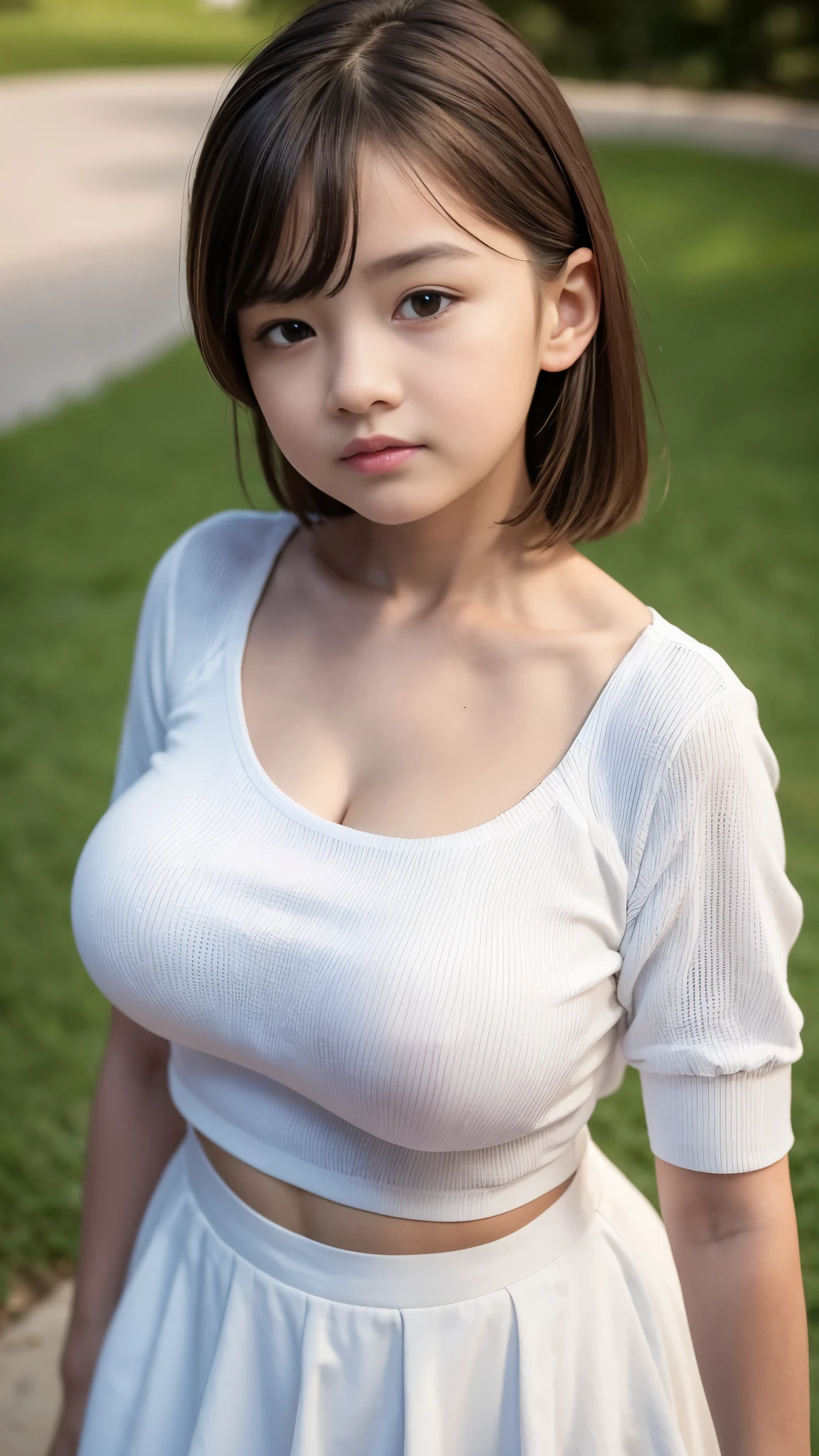 adorable, 1 girl, , baby face, sm portrait, (face details: 1), (eye details: 1), ((big breasts)). wearing white long rib shirt, long skirt,... Cute pose, park, gardem background... proportional body. Ultra High res. realistic: 1.4, UHD