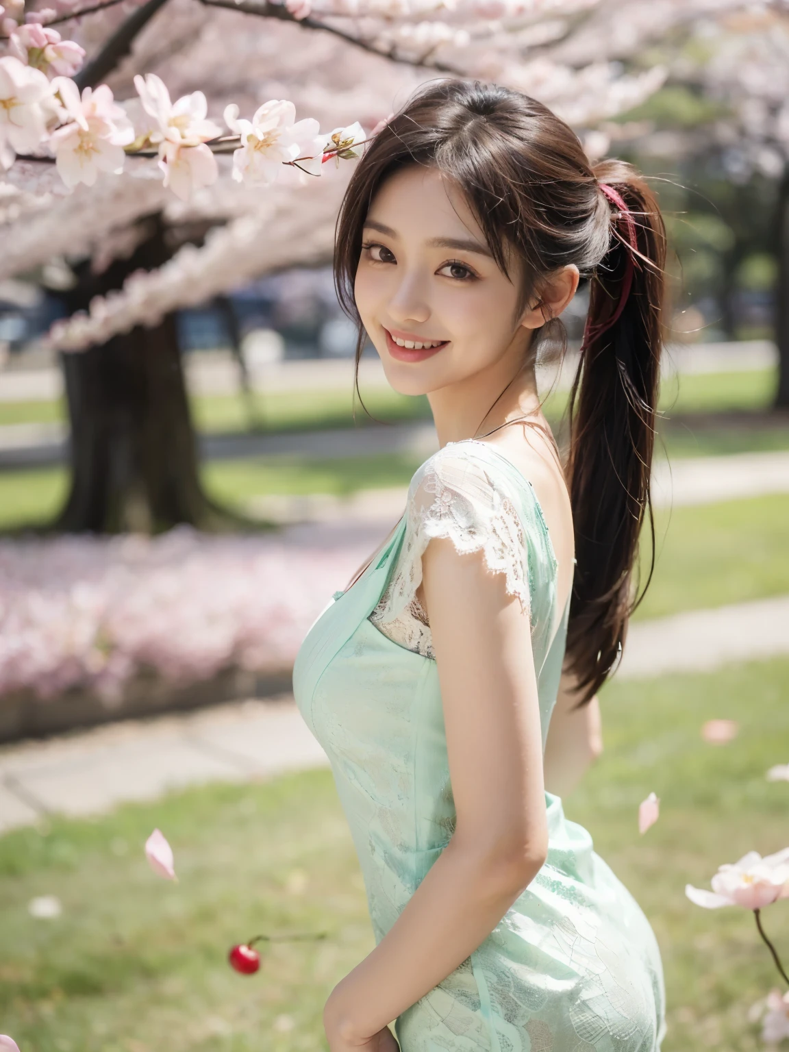 ((((highest quality))))、(((Ultra-precision CG16K wallpaper)))、(((masterpiece)))、(((Super detailed)))、(((super extreme details)))、１people&#39;s women、 female、18 year old female、((Japanese face))、((very beautiful face))、golden ratio face、((K-pop idol、HAERIN:1.5))、((twin tail hair:1.3))、(shiny hair)、bangs up to eyebrows、beautiful brown hair、beautiful delicate eyes、brown eyes、raised eyebrows、high nose、small nostrils、small mouth、seductive lipouth slightly open、beautiful breasts、C cup size breasts、cleavage、plump body、perfect proportions、perfect anatomy、perfect composition、beautiful detailed shading、beautiful natural lighting、beautiful detail glow、Depth of the bounds written、(((High chroma)))、(((real:1.9)))、((vivid:1.4))、((beautiful skin))、((skin texture))、((realな皮膚感))、(((cowboy shot:1.5)))、((Angle seen from the front:1.5))、((smile:1.4))、(Eyes looking at me:1.5)、bright sunshine、(((A woman surrounded by cherry blossoms:1.5)))、(model pose:1.5)、(((Mint green color lace mini dress clothing:1.5)))、