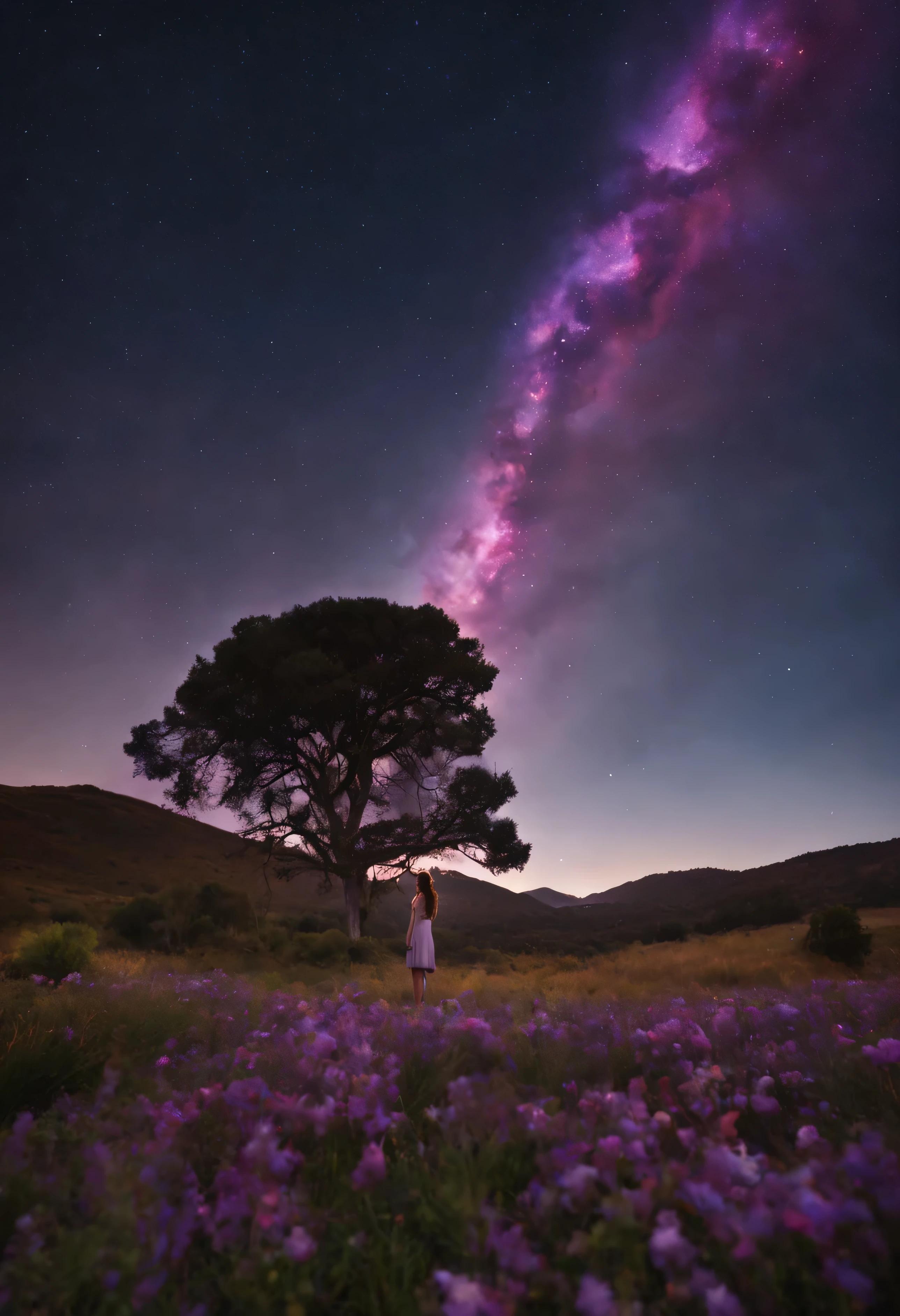 octans, heaven, estrela (heaven), paisagem, heaven estrelado, noite, 1girl "Morena Baccarin", heaven noturno, solo, ao ar livre, bilding, nuvem, milky ways, sentado, tree, cabelo longo, cidade, silhueta, paisagem urbana, fotografia de paisagem expansiview from below with a view of the sky and desert beloirl standing in a field of flowers looking up))), (lua cheia: 1.2), (Estrela cadente: 0.9), (nebula: 1.3), montanha distante, tree BREAK production art, (Fonte de Luz Quente: 1.2), (Pirilamplighto: 1.2), lamplight, roxo e laranja, detalhes intrincados, Volume Lighting, Realismo BREAK (master part: 1.2) (melhor qualidade), 4k, ultra-detalhado, (Dynamic configuration: 1.4), detalhes altamente detalhados e coloridos, (Cores iridescentes: 1.2), (bright illumination, Atmospheric Illumination), sonhador, magica, (sozinho: 1.2)