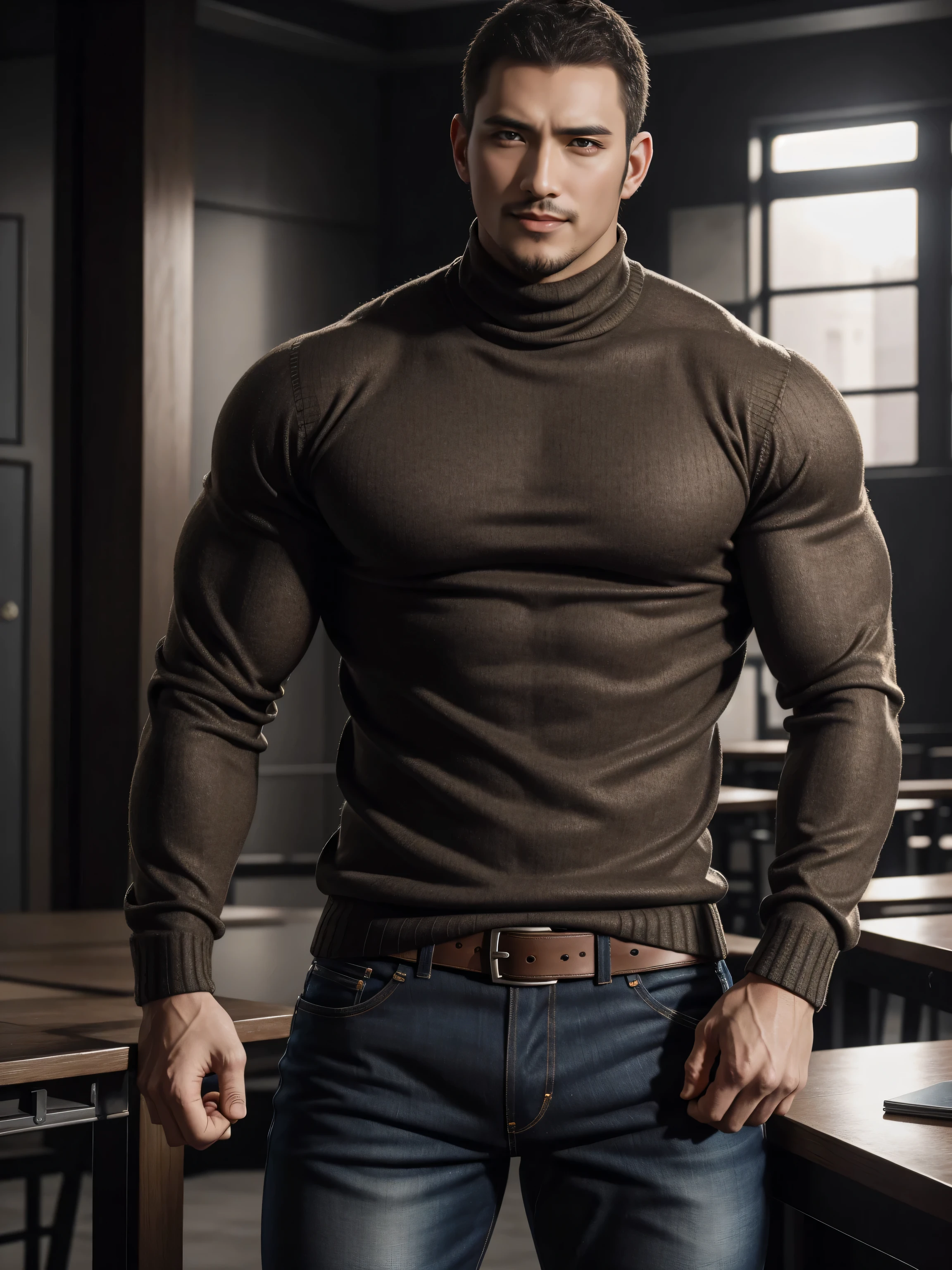 Tall giant muscular肌肉男老师,Brown-gray turtleneck long-sleeved sweater,stretch sweater texture,jeans,In bright classrooms,character concept(Resident Evil - chris redfield,chris redfield)bright charming smile,Deep and charming eyes,heroic male pose,高大burly,muscular!muscular大腿,tough guy,perfect facial features,High, burly, Heqiang, Super gain and cool, high resolution committee,Charming strong man,The bright sunshine is shining on you