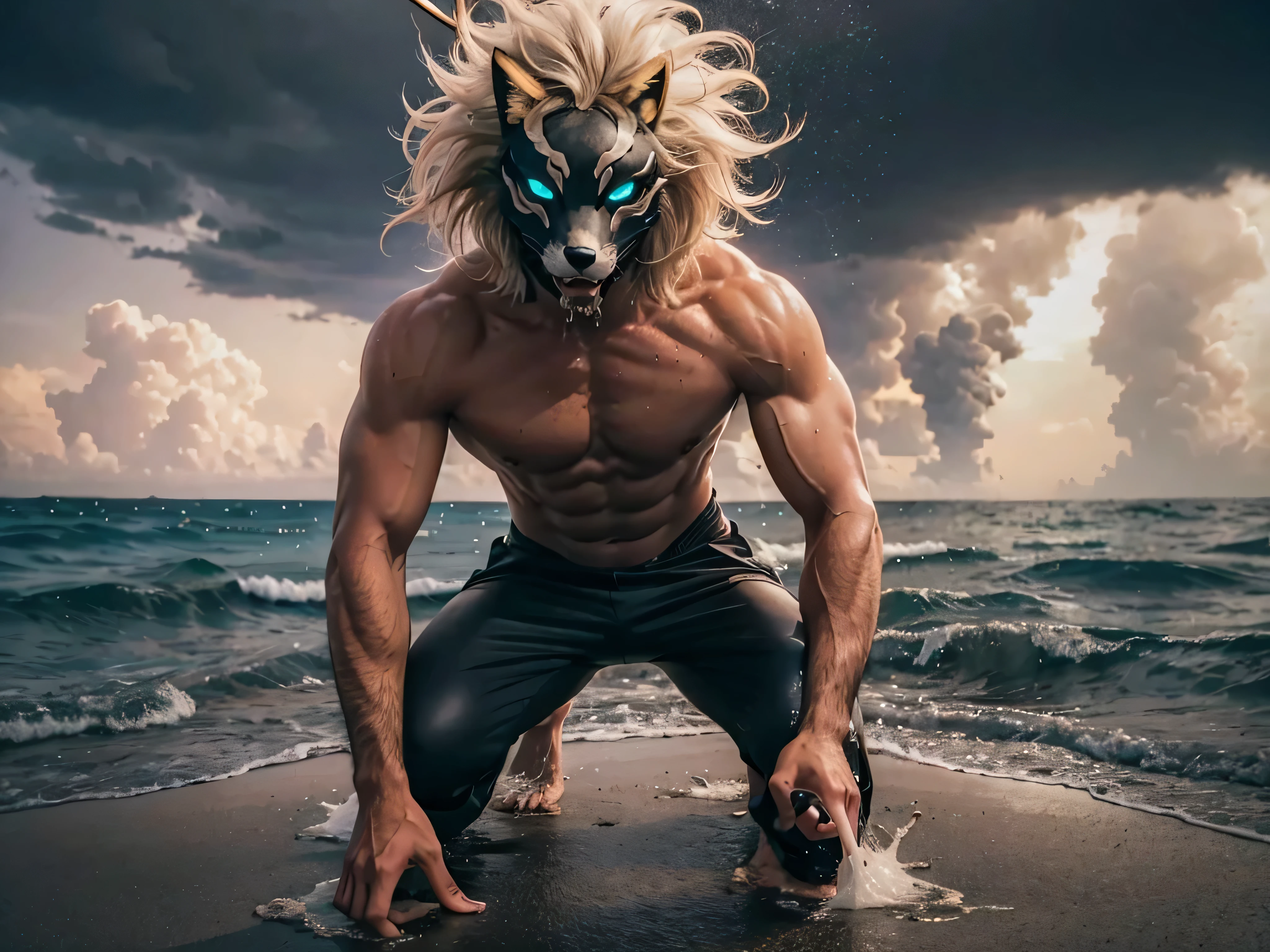 ((RAW image quality:1.4))、beautiful feces, bright pictures, sunlight, 8k, RAW image quality, masterpiece, highest quality, (1 male), Black Fox Mask:1.2, A man wearing a fox mask on his face:1.5, 35 year old male, blonde long hair, bodybuilder:1.4, There is a large tatu in the upper body:1.3, alone, wizard&#39;hat of, naked black pants:1.4, dark tanned skin:1.4, muscular body:1.4, 6 pack, ((small boomerang pants)), Detailed undercover investigation, beautiful blue eyes, oily skin, (sweaty skin), high quality water, super settings, sexy model posing, ((Squat legs open position)), pubic hair on the lower abdomen, ((angle from below)), 8mm fisheye lens, Detailed CG image quality, The background is a stormy sea, Severe lightning strike,