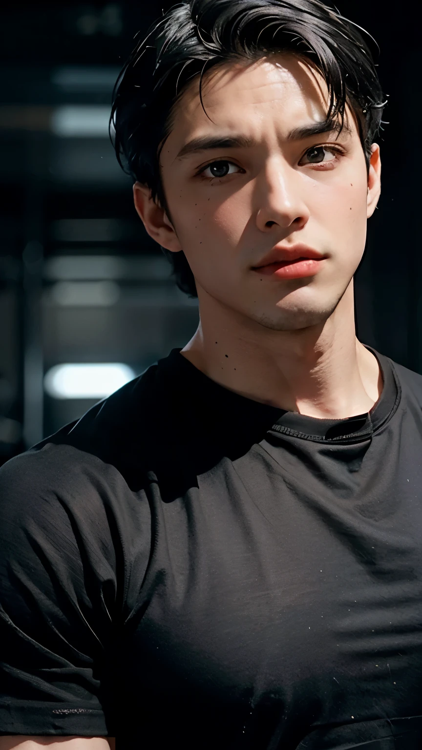 Young Bruce Wayne man black hair, big muscular body, black t-shirt shirt, in a dark room closeup face short creepy smile