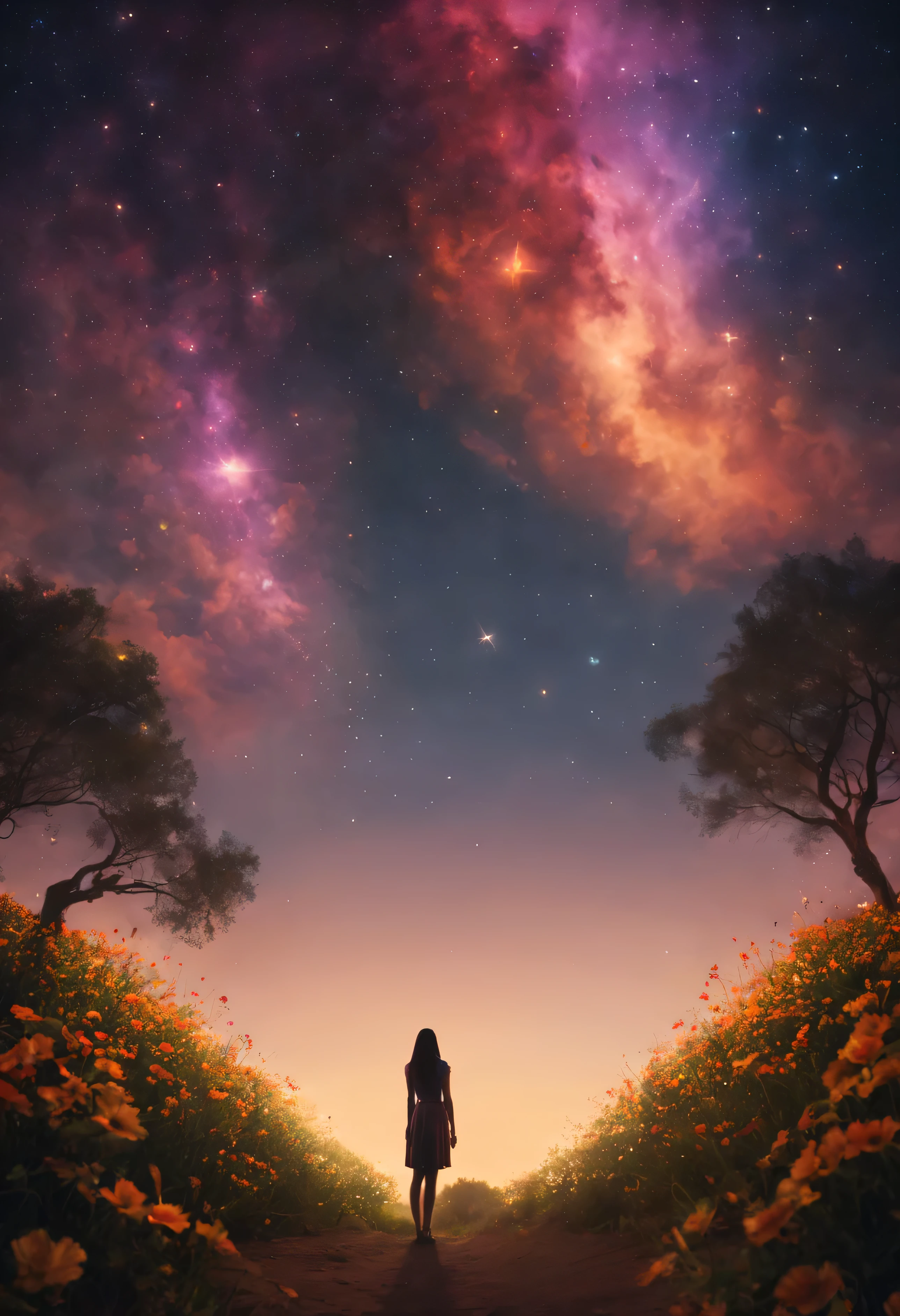 octans, heaven, estrela (heaven), paisagem, heaven estrelado, noite, 1girl "Morena Baccarin", heaven noturno, solo, ao ar livre, bilding, nuvem, milky ways, sentado, tree, cabelo longo, cidade, silhueta, paisagem urbana, fotografia de paisagem expansiview from below with a view of the sky and desert beloirl standing in a field of flowers looking up))), (lua cheia: 1.2), (Estrela cadente: 0.9), (nebula: 1.3), montanha distante, tree BREAK production art, (Fonte de Luz Quente: 1.2), (Pirilamplighto: 1.2), lamplight, roxo e laranja, detalhes intrincados, Volume Lighting, Realismo BREAK (master part: 1.2) (melhor qualidade), 4k, ultra-detalhado, (Dynamic configuration: 1.4), detalhes altamente detalhados e coloridos, (Cores iridescentes: 1.2), (bright illumination, Atmospheric Illumination), sonhador, magica, (sozinho: 1.2)
