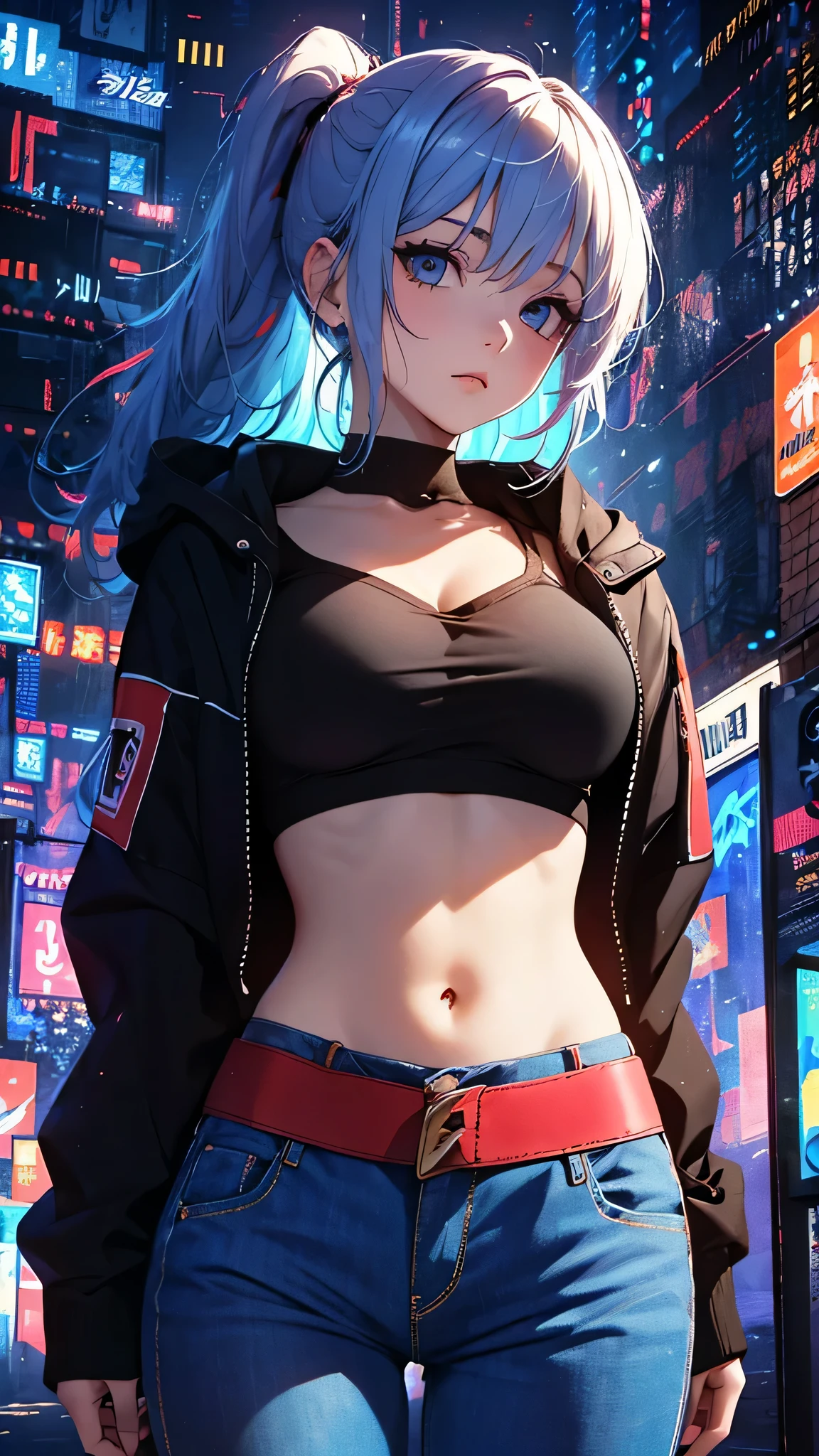 最high quality、best image quality、masterpiece、girl((20-year-old、 By becoming、vest bust、medium bust,wide open breast tea、shining eyes, light blue hair、long hair、thin,highest valley、ponytail、action of looking up、right arm bandage、purple and black hoodie、berry shorts、cool pose、holding a black smartphone)),high quality、beautiful art、background((cyberpunk city、punk house))、Flight、debris flies、Depth of written boundary、movie、visual art、perfect art、8k,genuine、
