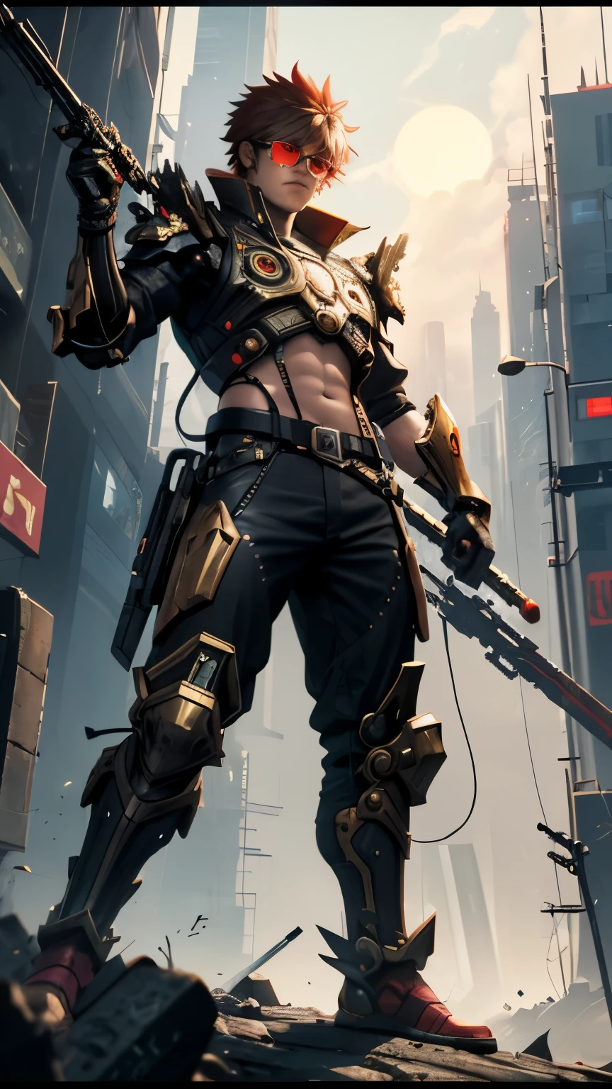 Cyberpunk, Future World, Transparent Circuit, Sun Wukong, AR Glasses, futuristic battle armor full of technology, Golden Hoop Stick, Destructive World, Ruined Japanese Cities