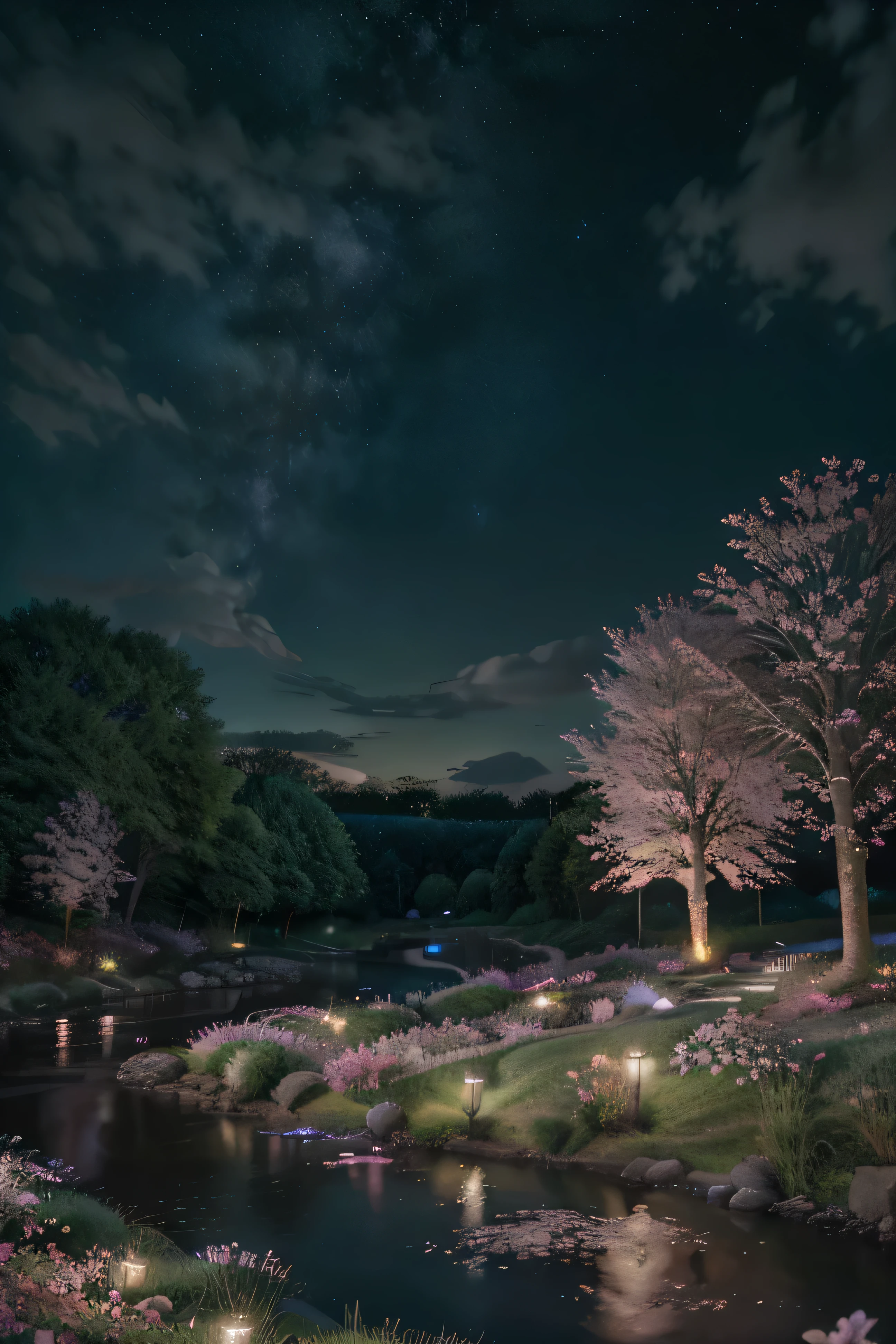 (magical pretty night sky green stream overlay scene), (sky), (clouds), soft lighting, clean background, beautiful scenery, masterpiece, high quality, beautiful graphics, high detail, epic scenery, garden, flowers, clouds, (night starry sky, river behind, huge old trees behind, falling glowing pink petals behind)