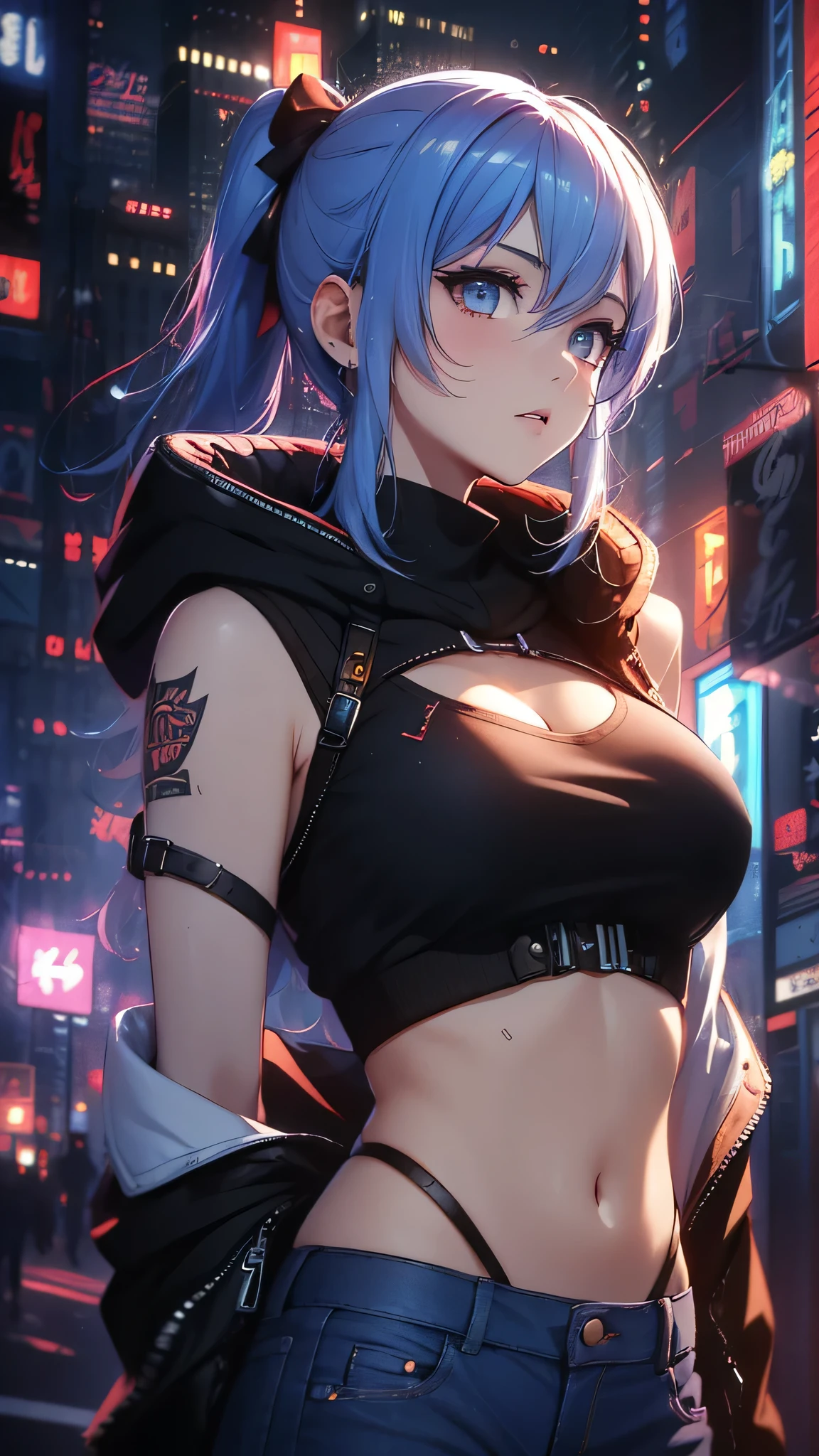 最high quality、best image quality、masterpiece、girl((20-year-old、 By becoming、vest bust、medium bust,wide open breast tea、shining eyes, light blue hair、long hair、thin,highest valley、ponytail、action of looking up、right arm bandage、purple and black hoodie、berry shorts、cool pose、holding a black smartphone)),high quality、beautiful art、background((cyberpunk city、punk house))、Flight、debris flies、Depth of written boundary、movie、visual art、perfect art、8k,genuine、