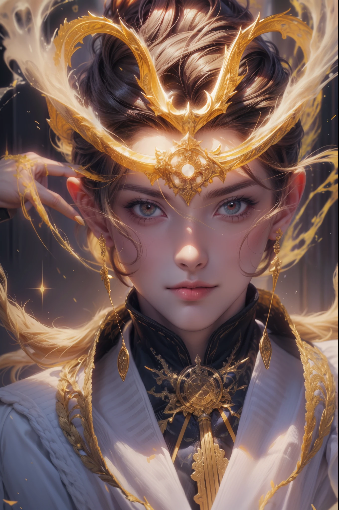 High resolution masterpiece best quality portrait close-up, handsome boy, perfect face, red eyes, short hair, detailed outfit, detailed background scenery