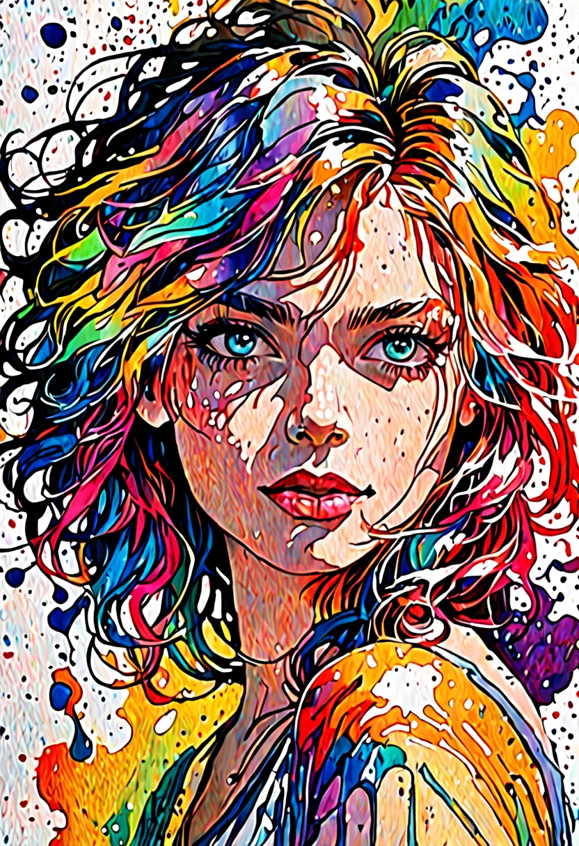 Colorful beautiful woman, a woman 18-years old, multiple color messy hair, watercolor, nice perfect face, multiple colors, intricate detail, splash screen, 8k resolution, masterpiece, cute face,art station digital painting smooth veryBlack ink flow, 8k resolution photorealistic masterpiece, intricately detailed fluid gouache painting, calligraphy, acrylic, watercolor art, professional photography, natural lighting, volumetric lighting maximalist, complex, elegant, expansive, fantastical,dfdd,Xxmix_Catecat,dripping paint,, best quality,realistic,masterpiece,photography,RAW photo,highres,(absurdres:1.2),Kodak Protre 400,film grain,lens flare,