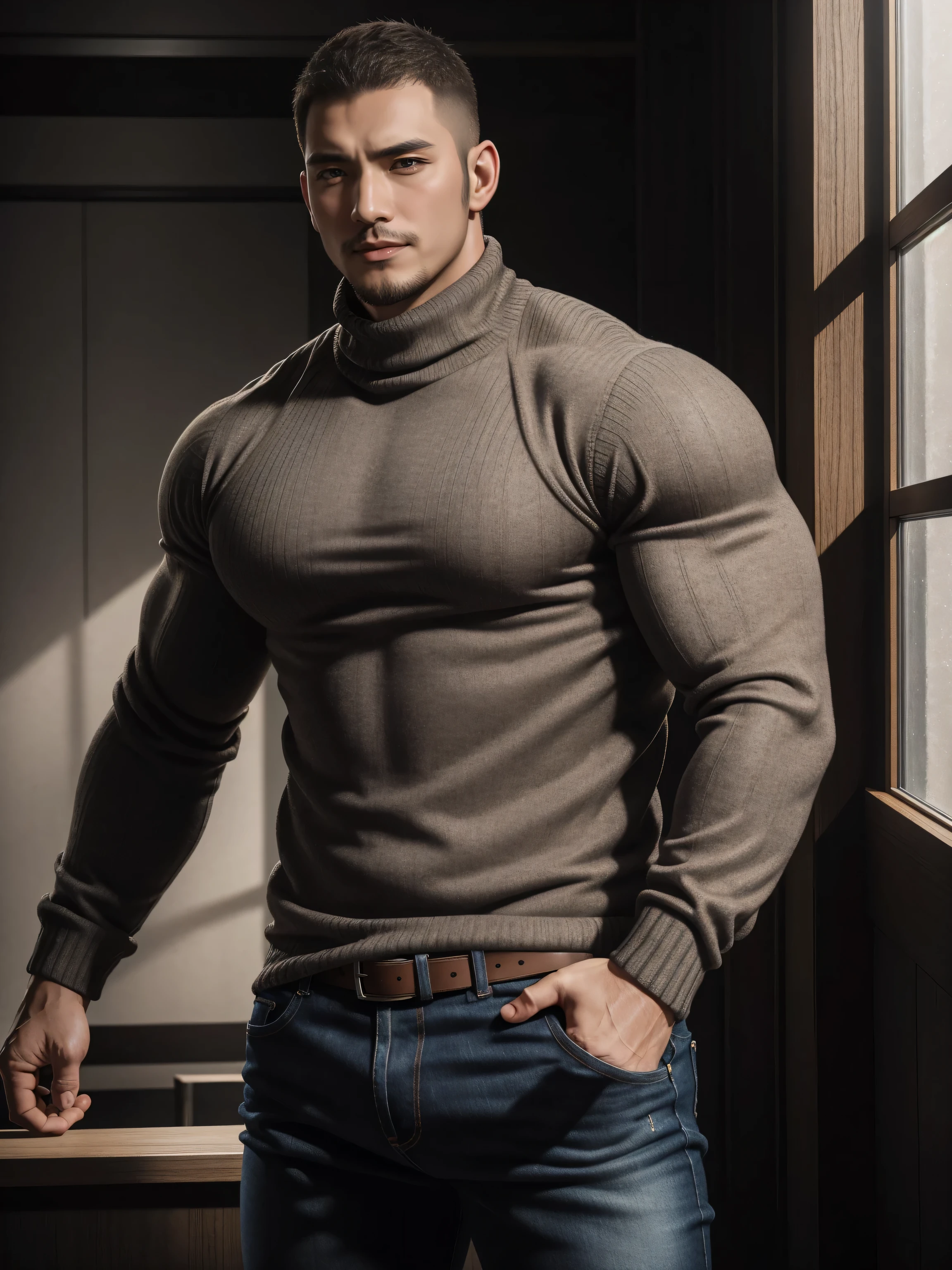 Tall giant muscular肌肉男老师,Brown-gray turtleneck long-sleeved sweater,stretch sweater texture,jeans,In bright classrooms,character concept(Resident Evil - chris redfield,chris redfield)bright charming smile,Deep and charming eyes,heroic male pose,高大burly,muscular!muscular大腿,tough guy,perfect facial features,High, burly, Heqiang, Super gain and cool, high resolution committee,Charming strong man,The bright sunshine shines on you through the window