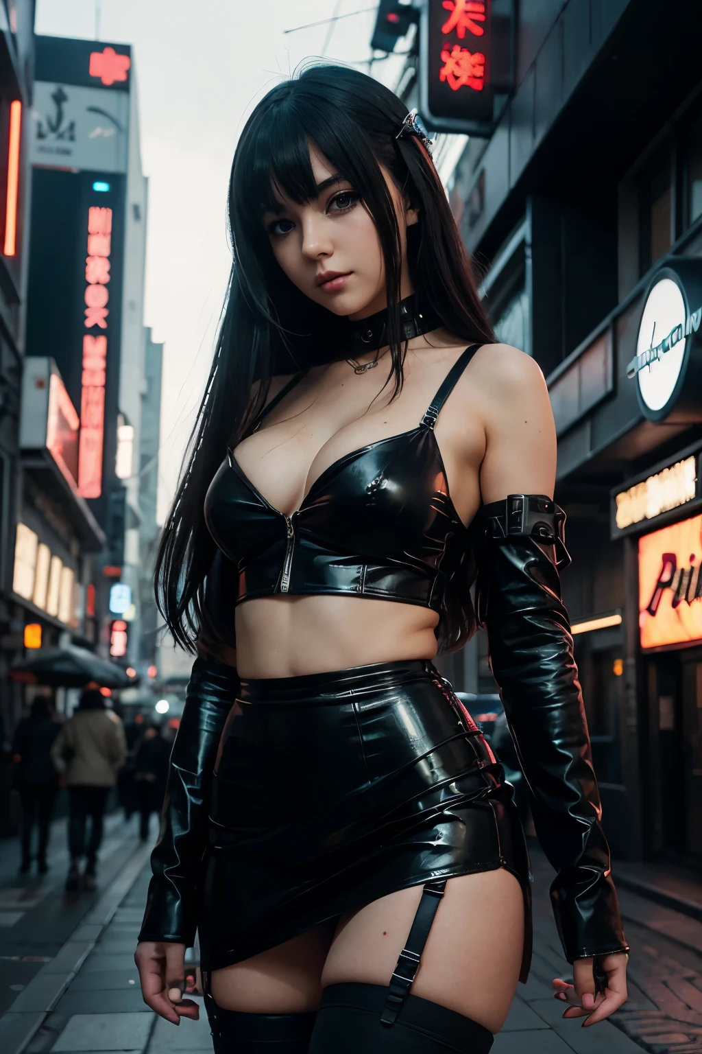 Anime girl standing on city street in leather skirt and black erotic lingerie, long-haired Ilya Kuvshinov, Guviz style artwork, anime art wallpaper 8 K, Guvitz on art station Pisif, Guwiz on Pisiv art station, cyberpunk anime art