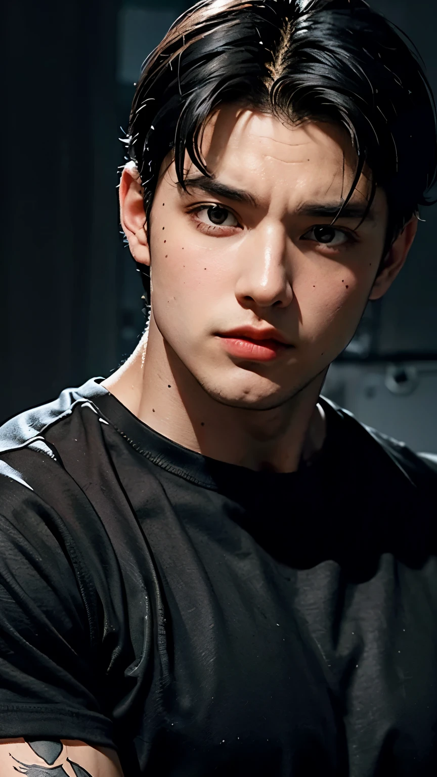 Young Bruce Wayne man black hair, big muscular body, black t-shirt, in a dark room background closeup face short