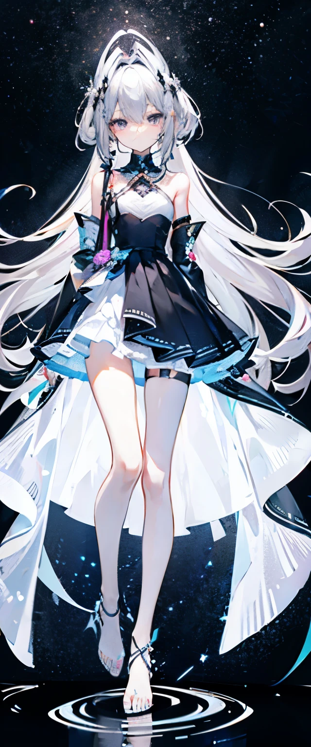 Lilac gradient hair,asymmetrical hair,((Hair is very thick 1.8,chiselled head 1.6)), hair past shoulders, messy hair, 很long头发, shiny hair,(long gray hair:1.2),a beautiful girl,(Luxury Platinum Mini Ultra Short Platinum ta,Made of transparent material),(Transparent clothes transparent 1.8),Perfect body,long, thin legs,slim,(looks sad,Looking haggard ,sad,shut up:1.2) Against the backdrop of an unusually bright dark starry sky,(Put your hands behind your back),(round,extra large size, strong chest),barefoot,float,water surface,(long legs,long legs,long legs,Legs wrapped in bandages),Full body image。