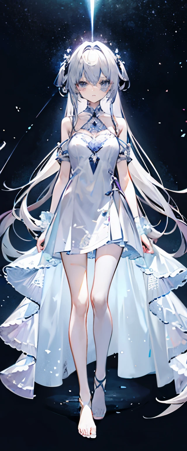 Lilac gradient hair,asymmetrical hair,((Hair is very thick 1.8,chiselled head 1.6)), hair past shoulders, messy hair, 很long头发, shiny hair,(long gray hair:1.2),a beautiful girl,(Luxury Platinum Mini Ultra Short Platinum ta,Made of transparent material),(Transparent clothes transparent 1.8),Perfect body,long, thin legs,slim,(looks sad,Looking haggard ,sad,shut up:1.2) Against the backdrop of an unusually bright dark starry sky,(Put your hands behind your back),(round,extra large size, strong chest),barefoot,float,water surface,(long legs,long legs,long legs,Legs wrapped in bandages),Full body image。